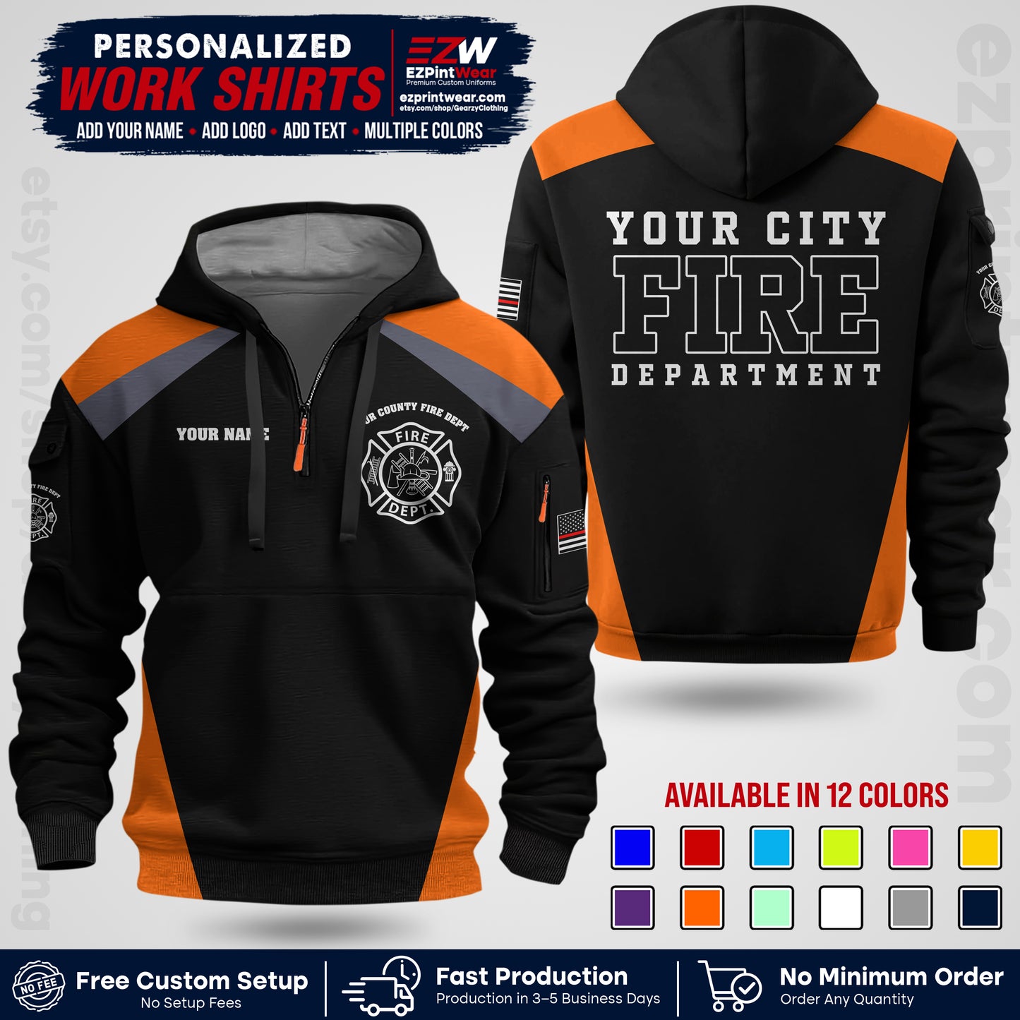 Custom Fire Department Shirt with Name, City Logo & Text | Firefighter Uniform | Button Up Work Shirt FF04