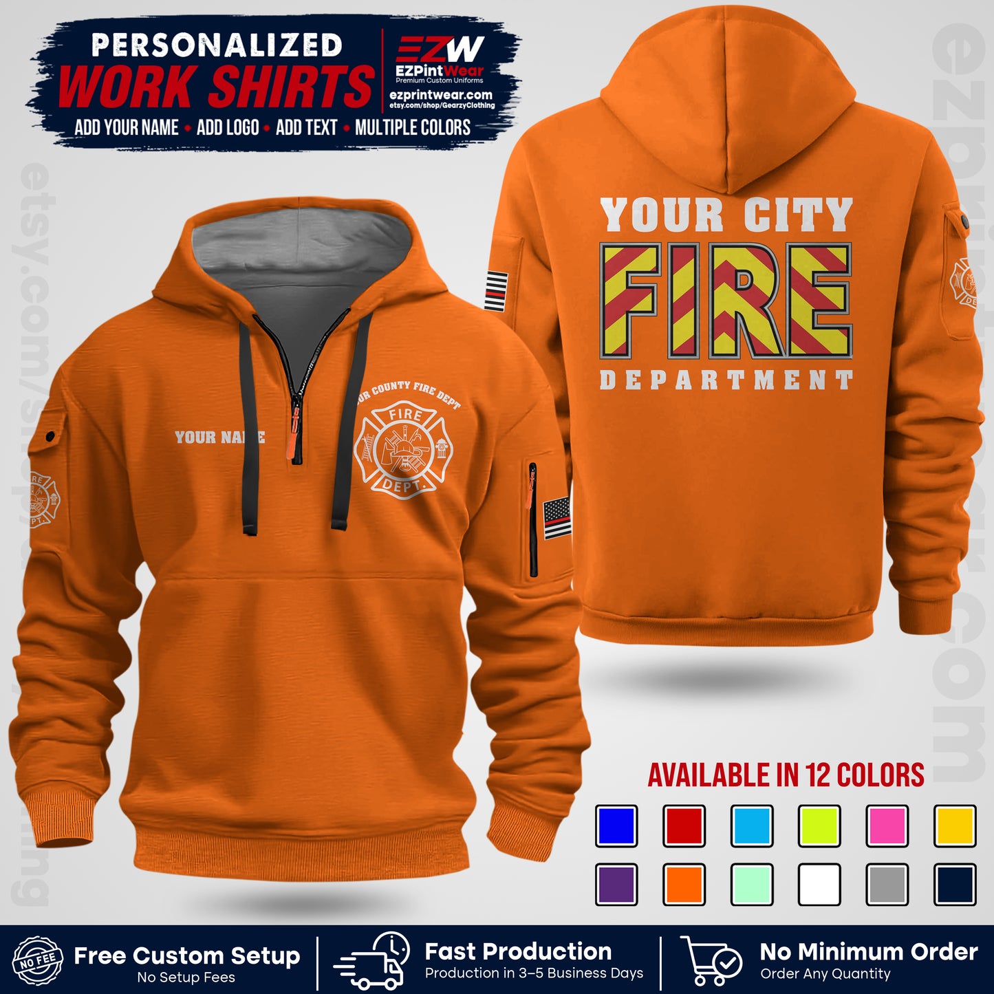 Custom Fire Department Shirt with Name, City Logo & Text | Firefighter Uniform | Button Up Work Shirt FF05