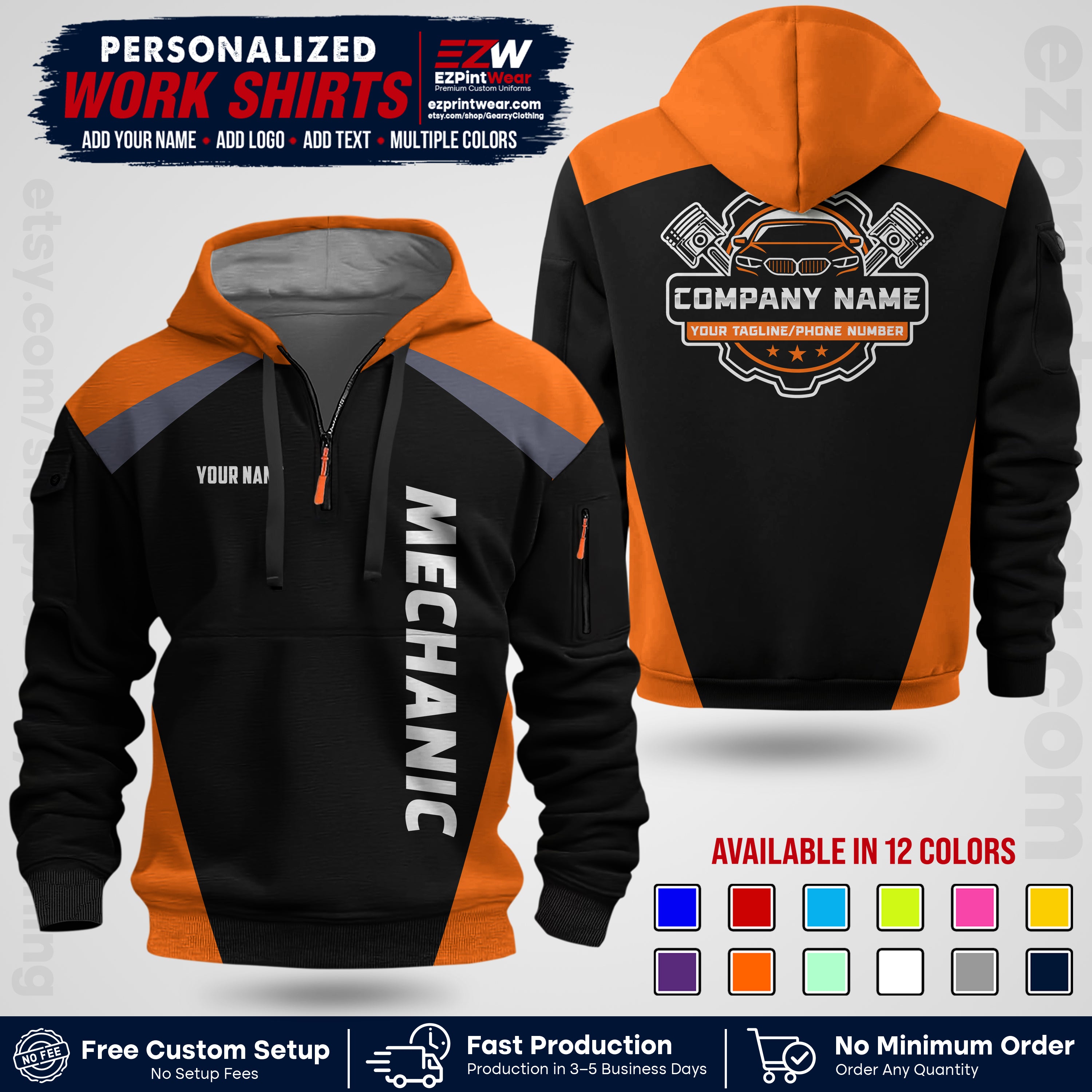 Custom Mechanic Work Shirt with Name, Logo & Text | Auto Shop Uniform | Workwear MCN 02