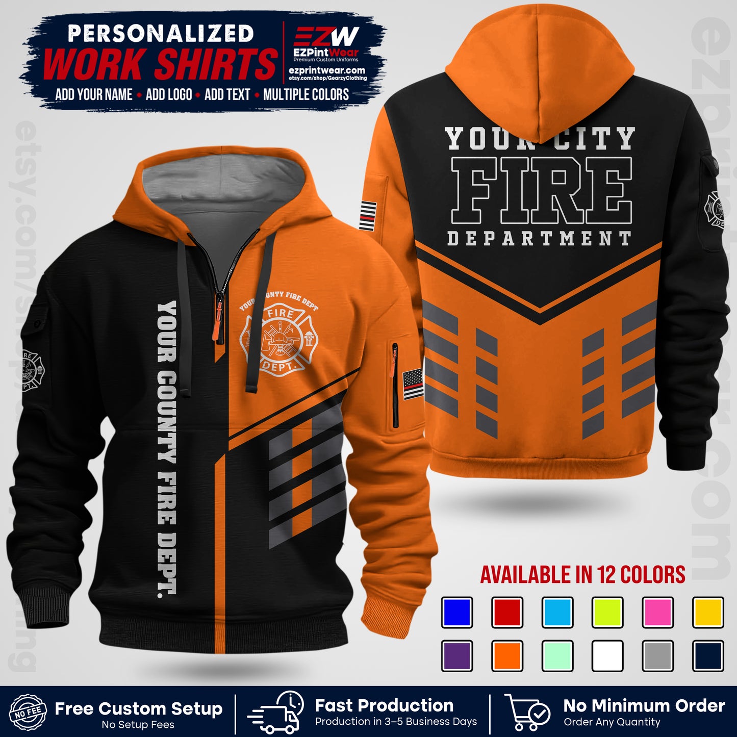 Custom Fire Department Shirt with Name, City Logo & Text | Firefighter Uniform | Button Up Work Shirt FF03
