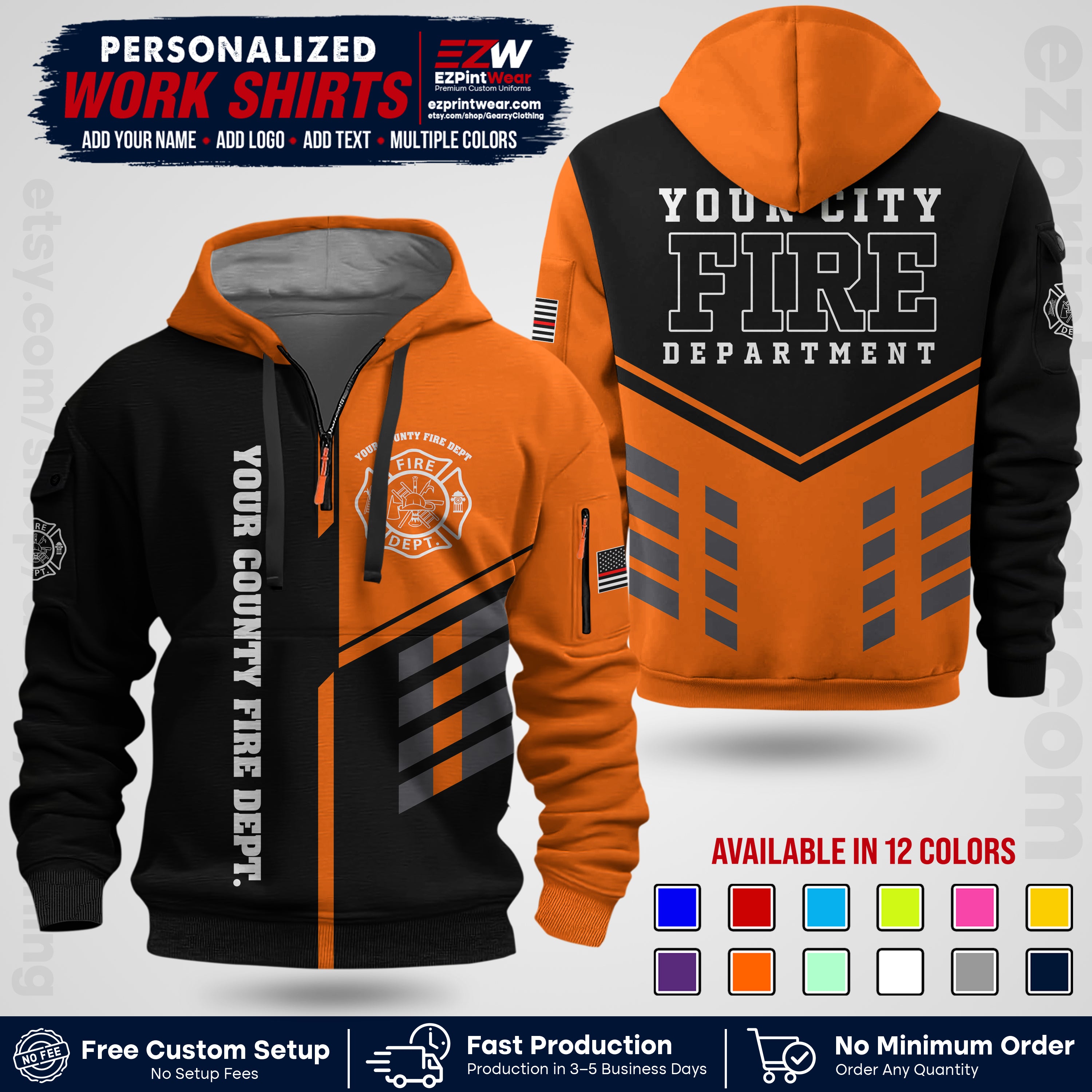 Custom Fire Department Shirt with Name, City Logo & Text | Firefighter Uniform | Button Up Work Shirt FF03