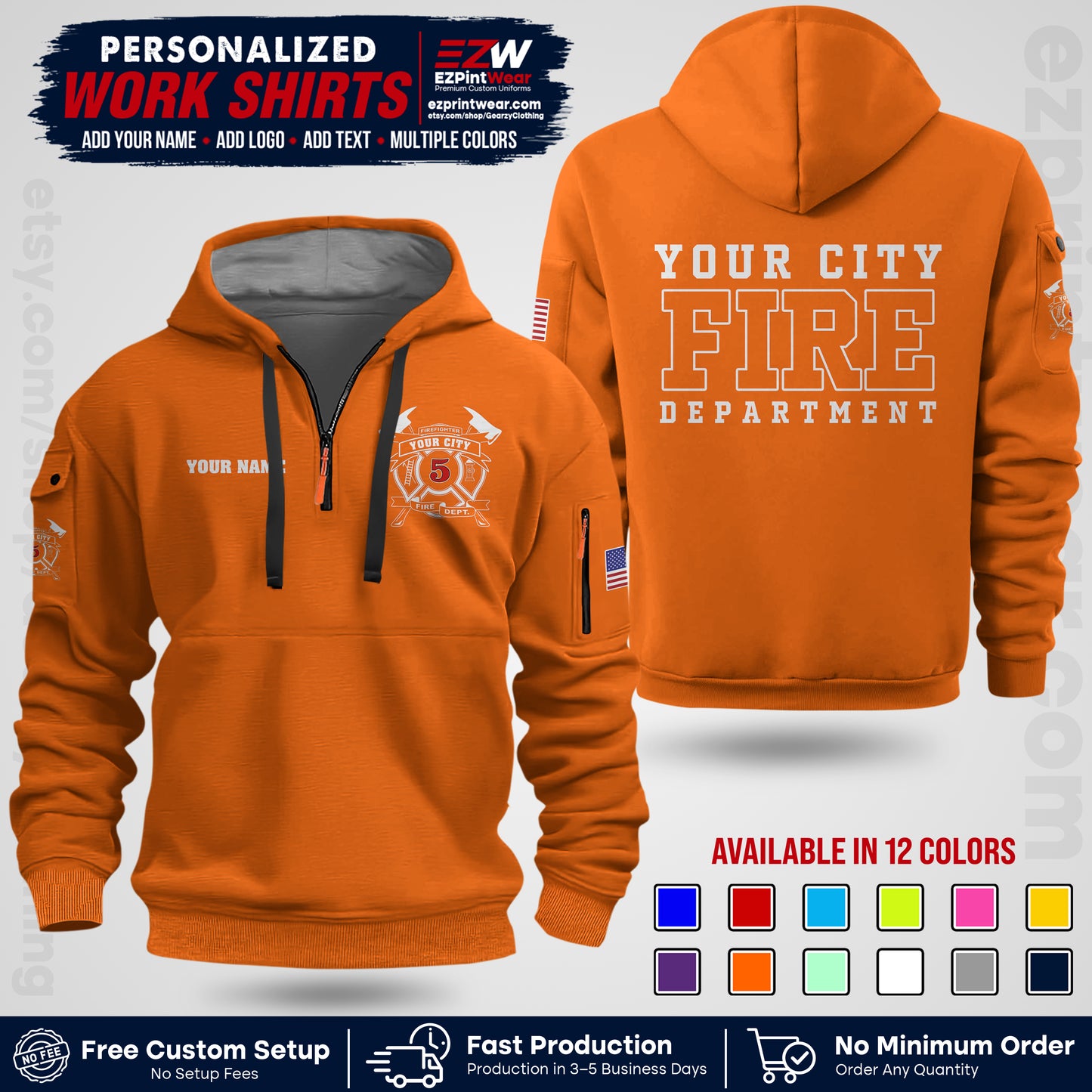 Custom Fire Department Shirt with Name, City Logo & Text | Firefighter Uniform | Button Up Work Shirt FF07