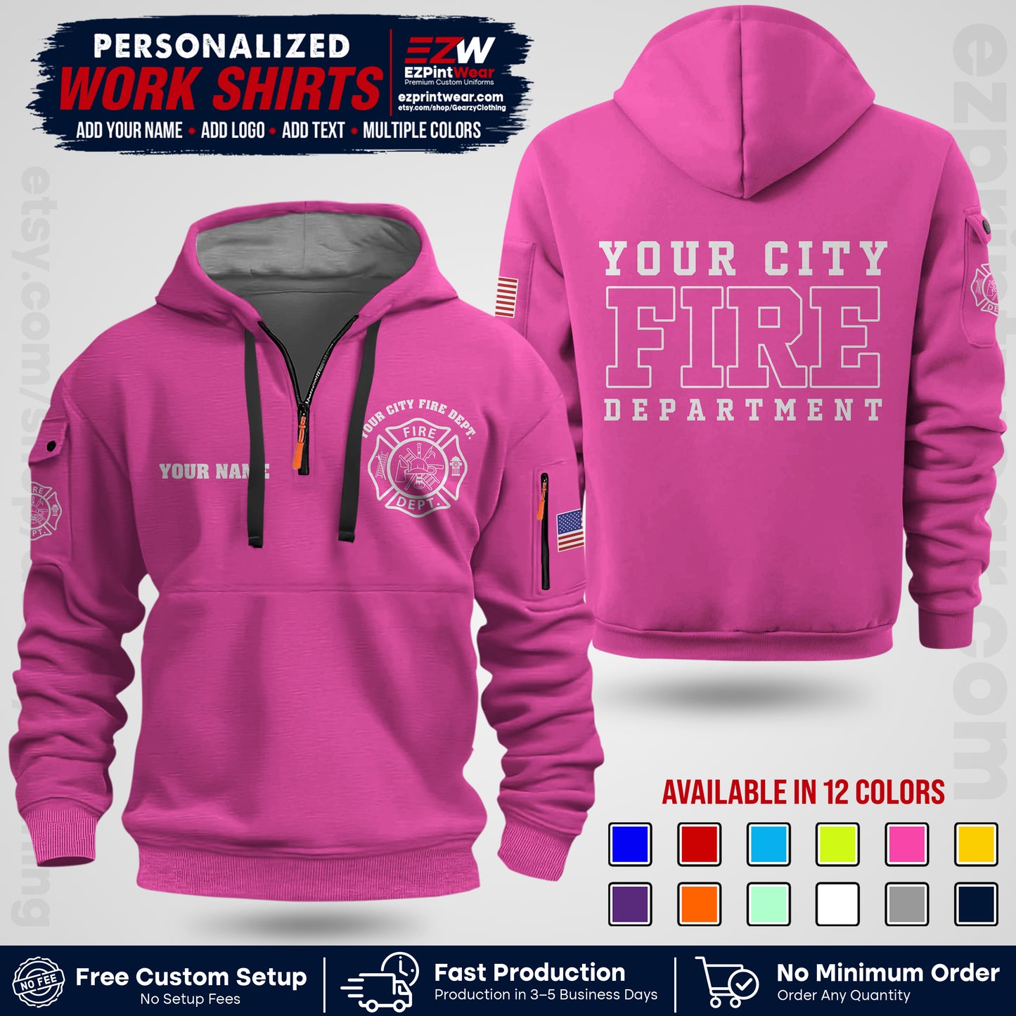 Custom Fire Department Shirt with Name, City Logo & Text | Firefighter Uniform | Button Up Work Shirt FF01