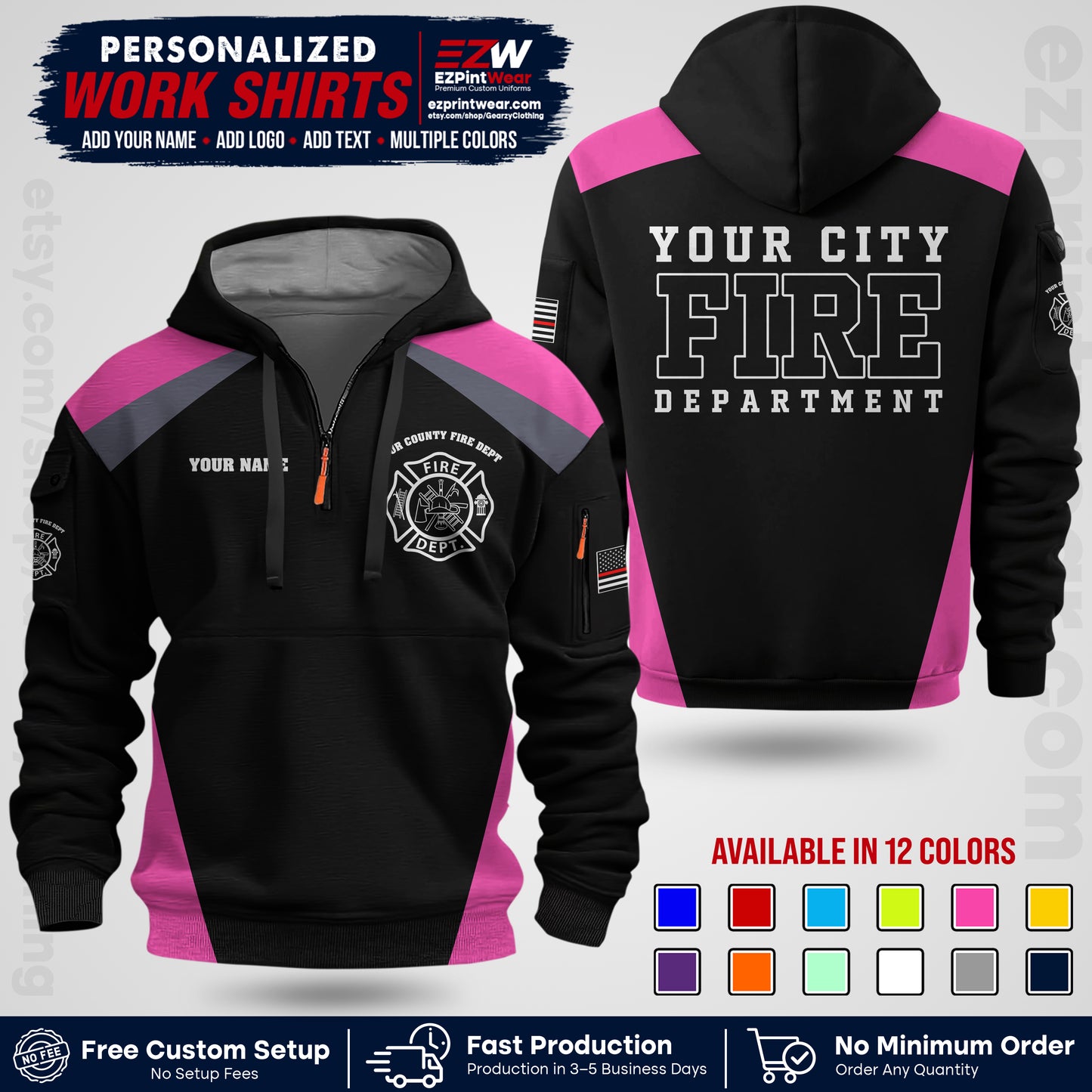 Custom Fire Department Shirt with Name, City Logo & Text | Firefighter Uniform | Button Up Work Shirt FF04