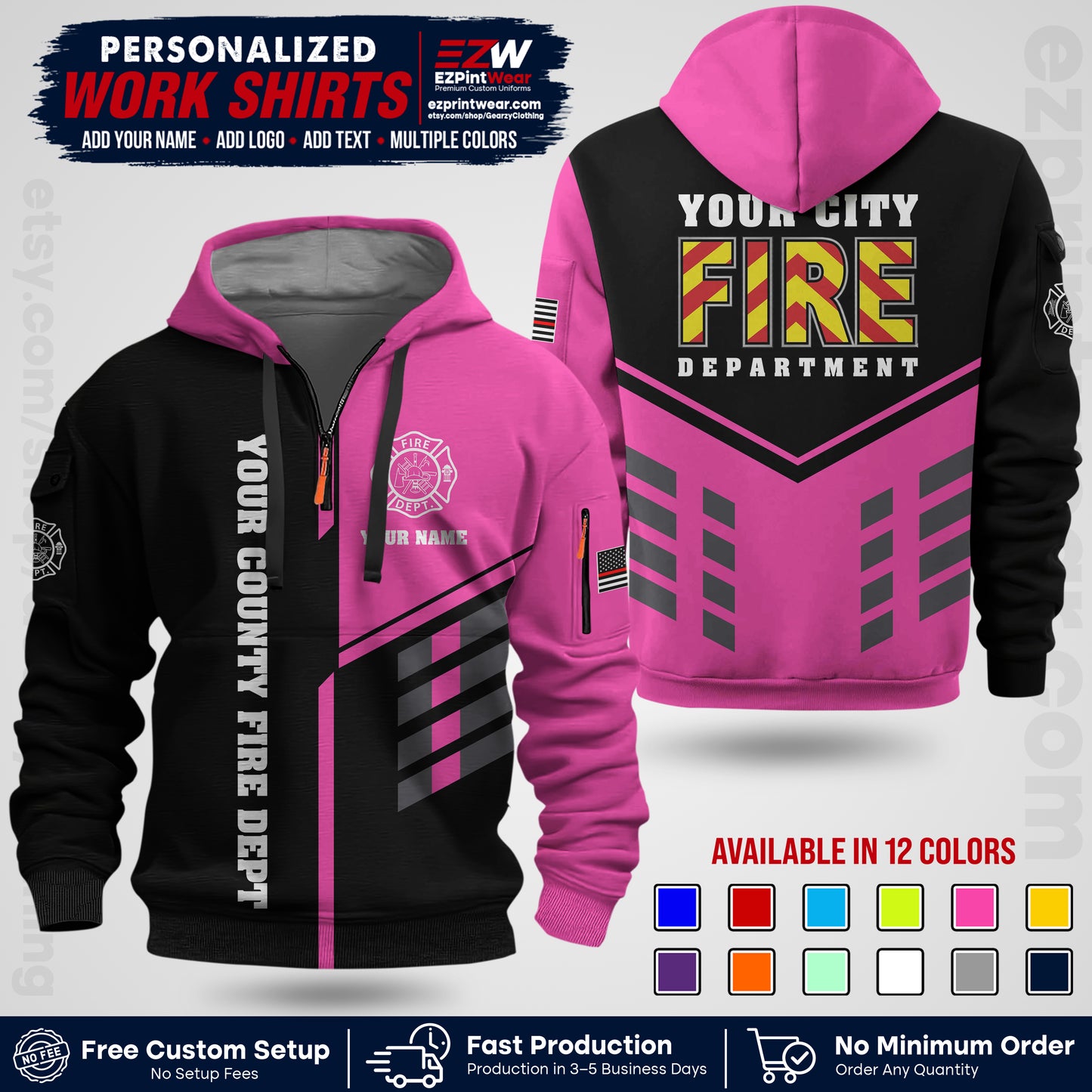 Custom Fire Department Shirt with Name, City Logo & Text | Firefighter Uniform | Button Up Work Shirt FF06