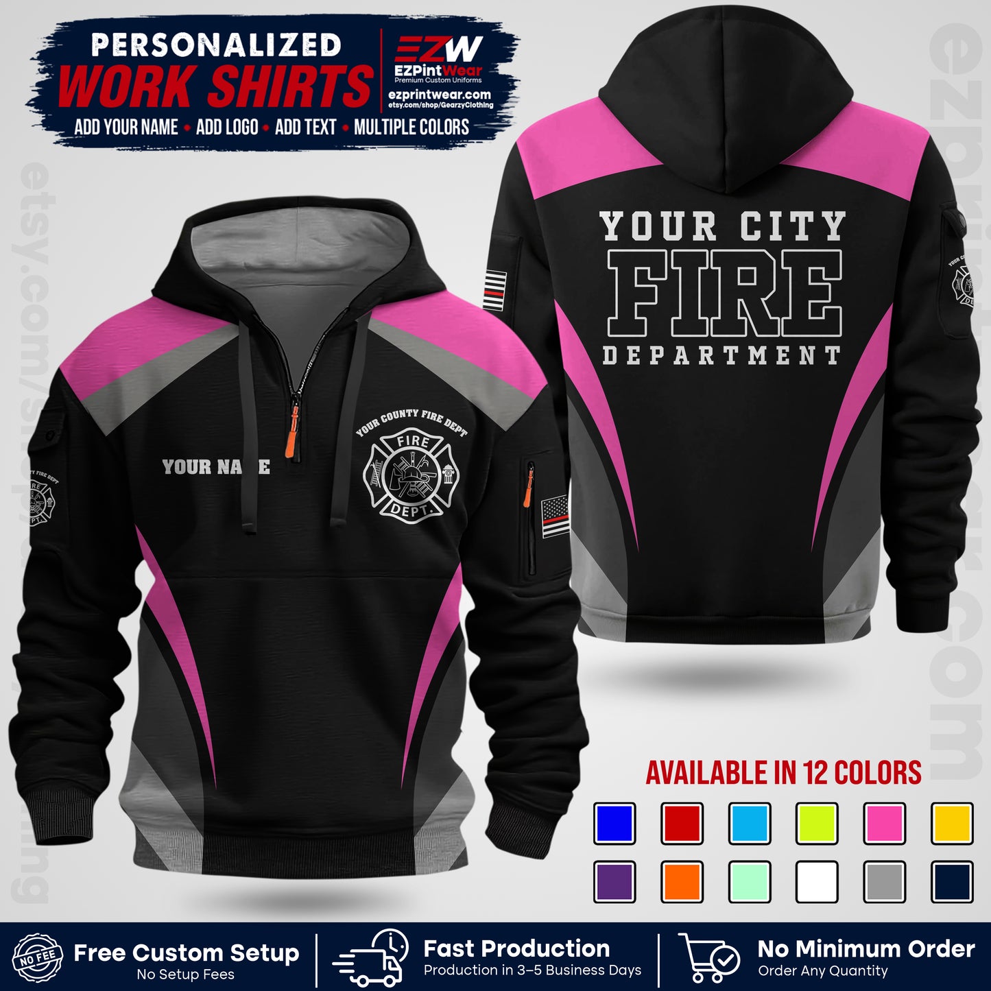 Custom Fire Department Shirt with Name, City Logo & Text | Firefighter Uniform | Button Up Work Shirt FF02