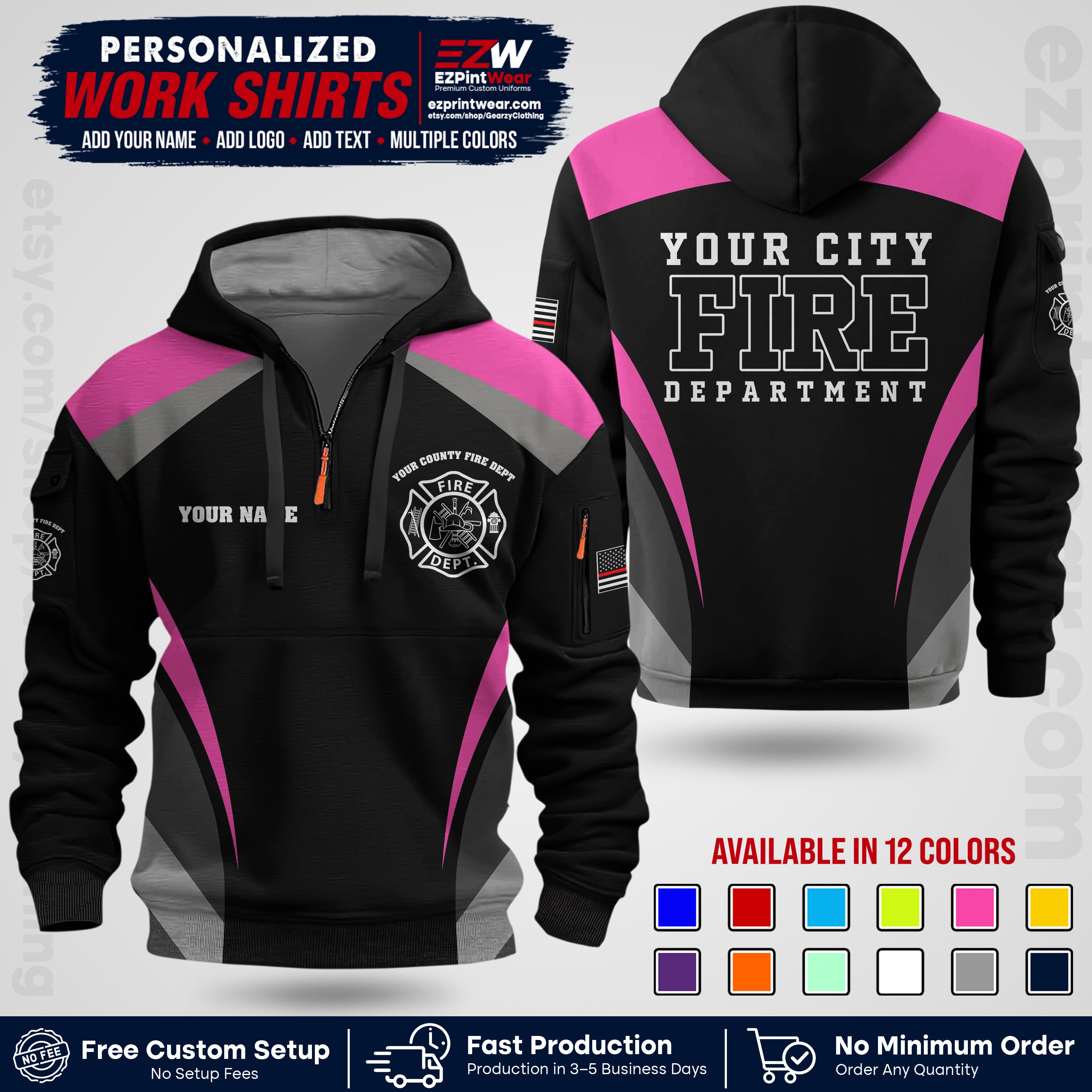 Custom Fire Department Shirt with Name, City Logo & Text | Firefighter Uniform | Button Up Work Shirt FF02
