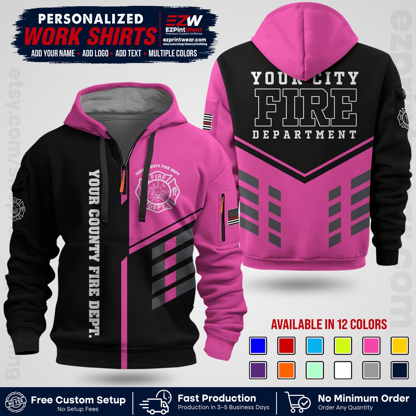 Custom Fire Department Shirt with Name, City Logo & Text | Firefighter Uniform | Button Up Work Shirt FF03