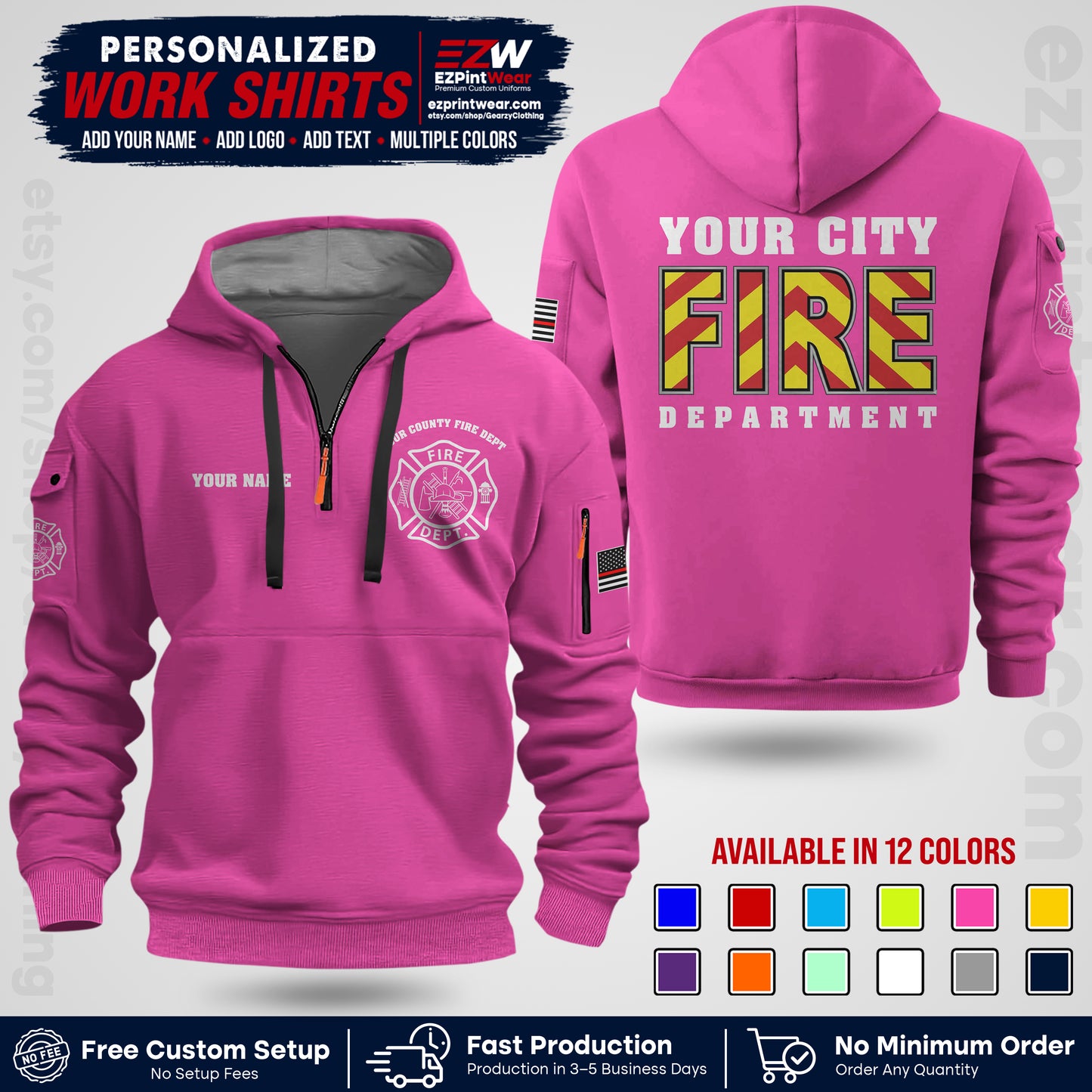 Custom Fire Department Shirt with Name, City Logo & Text | Firefighter Uniform | Button Up Work Shirt FF05