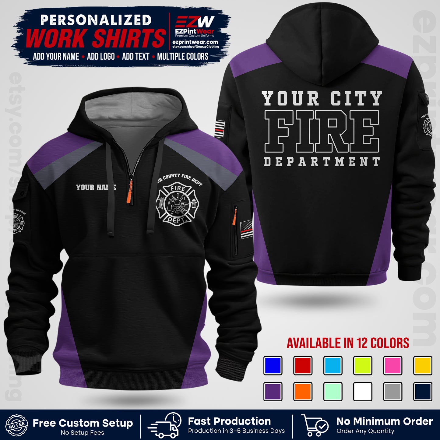 Custom Fire Department Shirt with Name, City Logo & Text | Firefighter Uniform | Button Up Work Shirt FF04