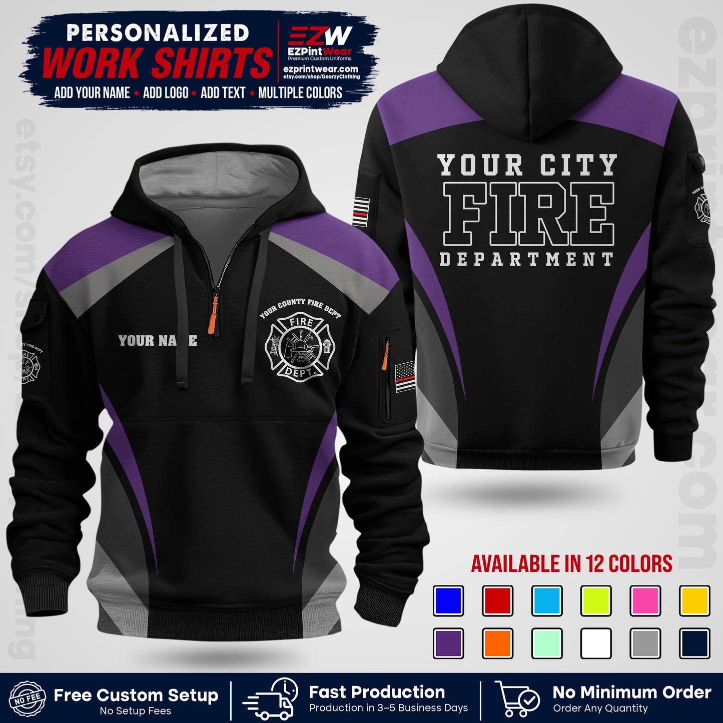 Custom Fire Department Shirt with Name, City Logo & Text | Firefighter Uniform | Button Up Work Shirt FF02