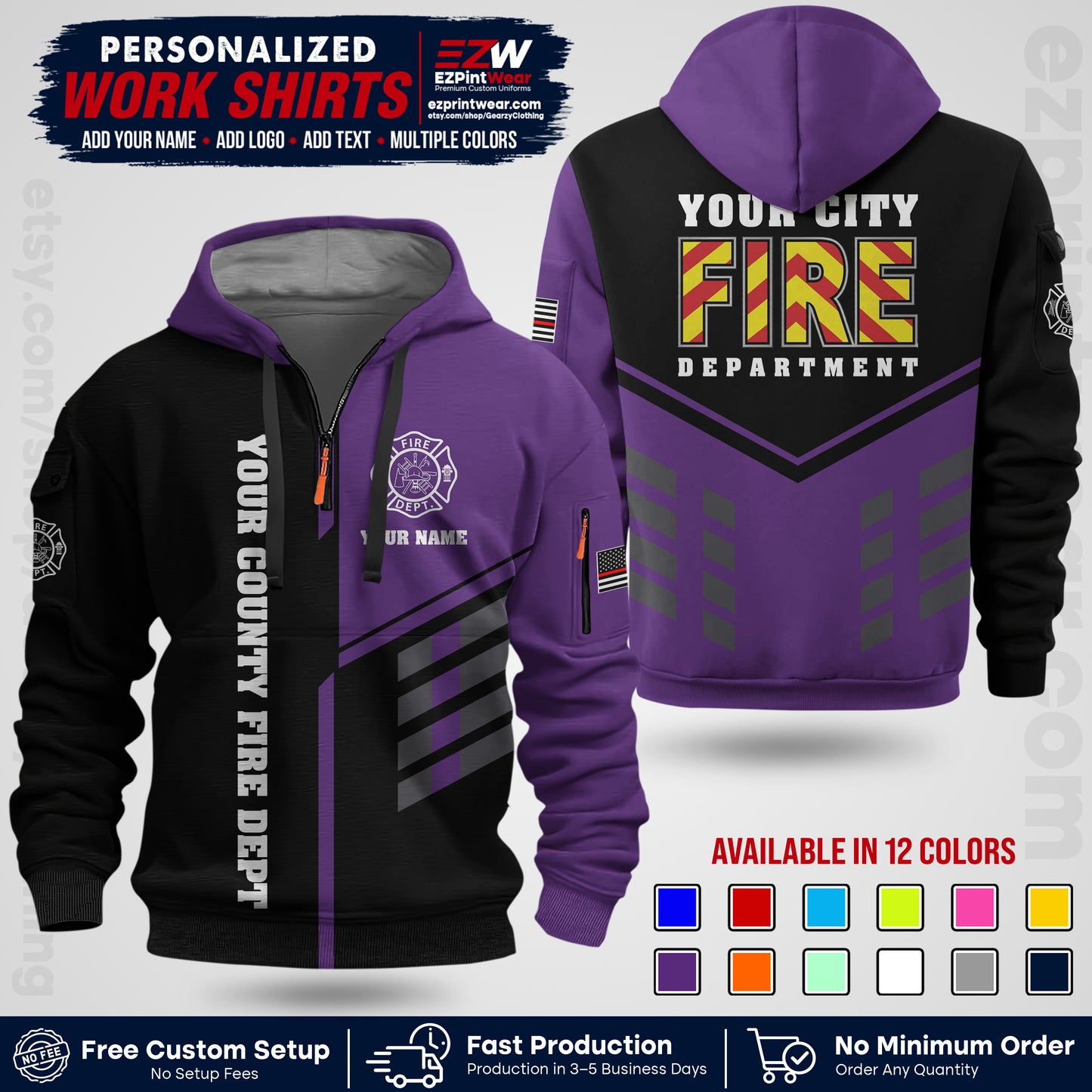 Custom Fire Department Shirt with Name, City Logo & Text | Firefighter Uniform | Button Up Work Shirt FF06