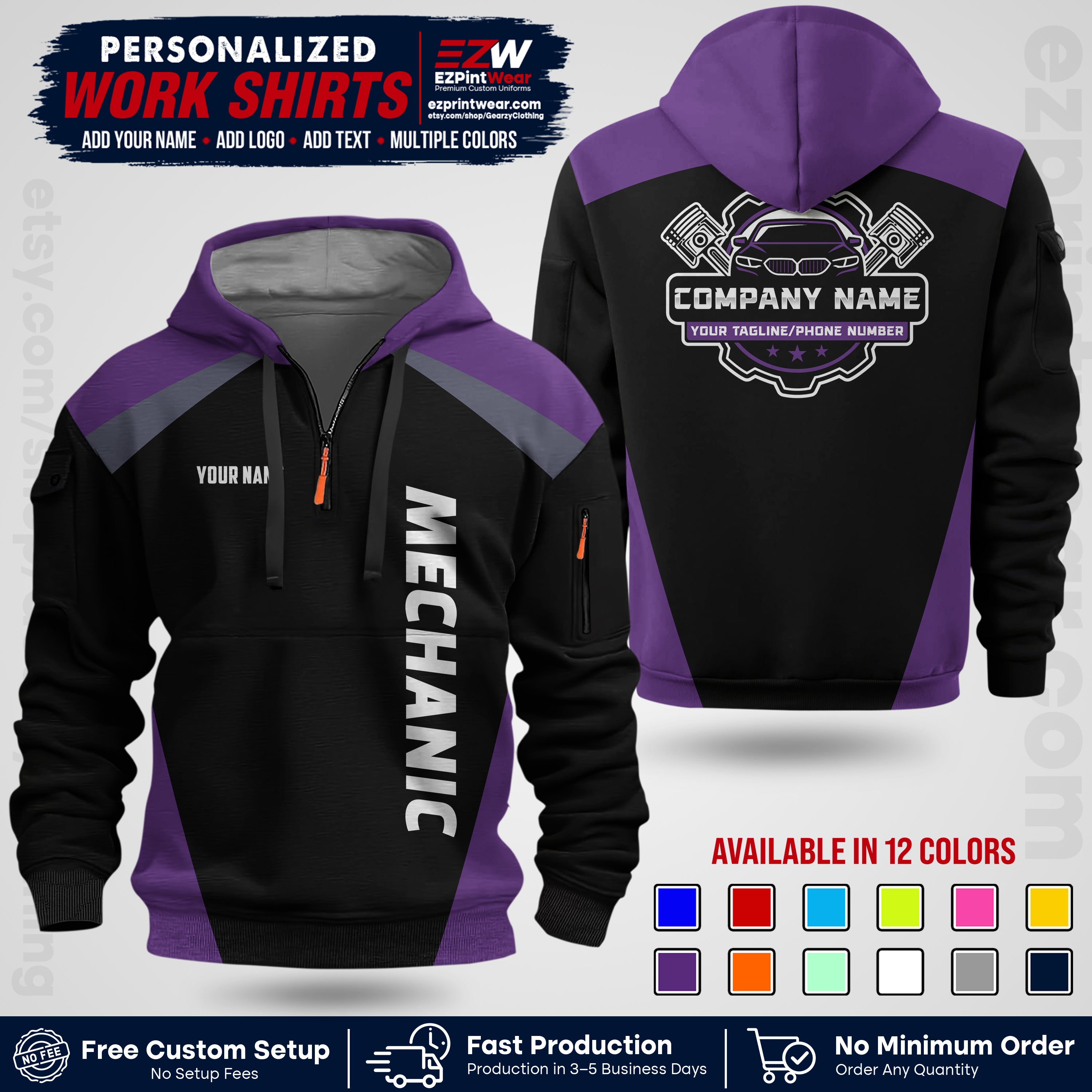 Custom Mechanic Work Shirt with Name, Logo & Text | Auto Shop Uniform | Workwear MCN 02