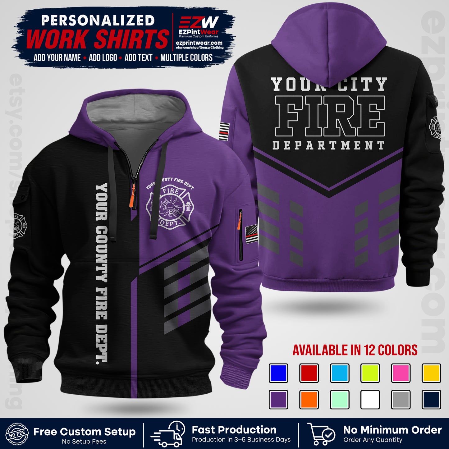 Custom Fire Department Shirt with Name, City Logo & Text | Firefighter Uniform | Button Up Work Shirt FF03