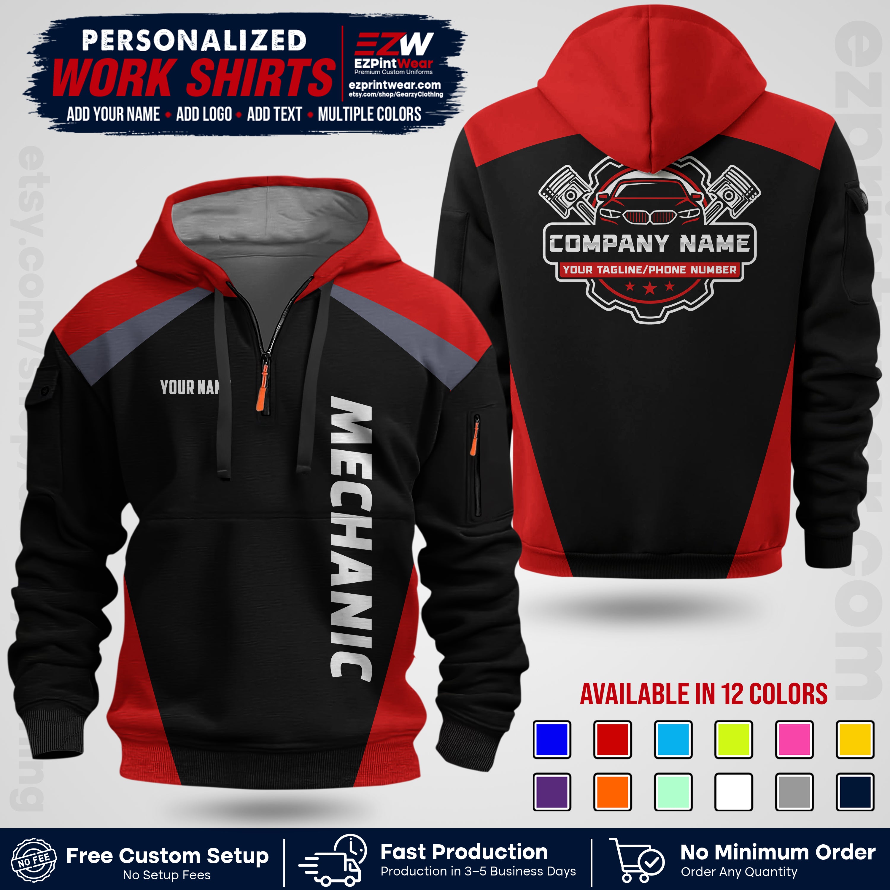 Custom Mechanic Work Shirt with Name, Logo & Text | Auto Shop Uniform | Workwear MCN 02