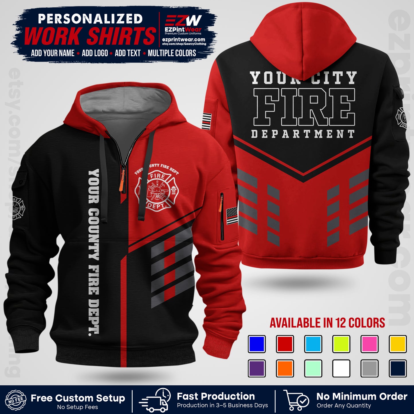 Custom Fire Department Shirt with Name, City Logo & Text | Firefighter Uniform | Button Up Work Shirt FF03