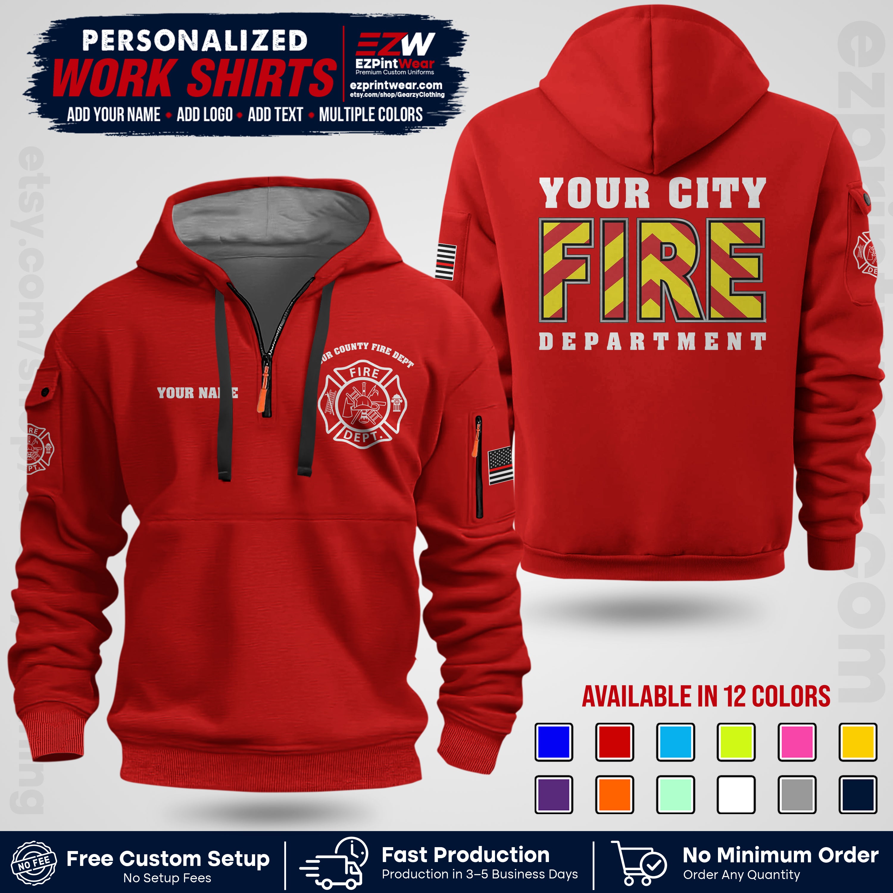 Custom Fire Department Shirt with Name, City Logo & Text | Firefighter Uniform | Button Up Work Shirt FF05
