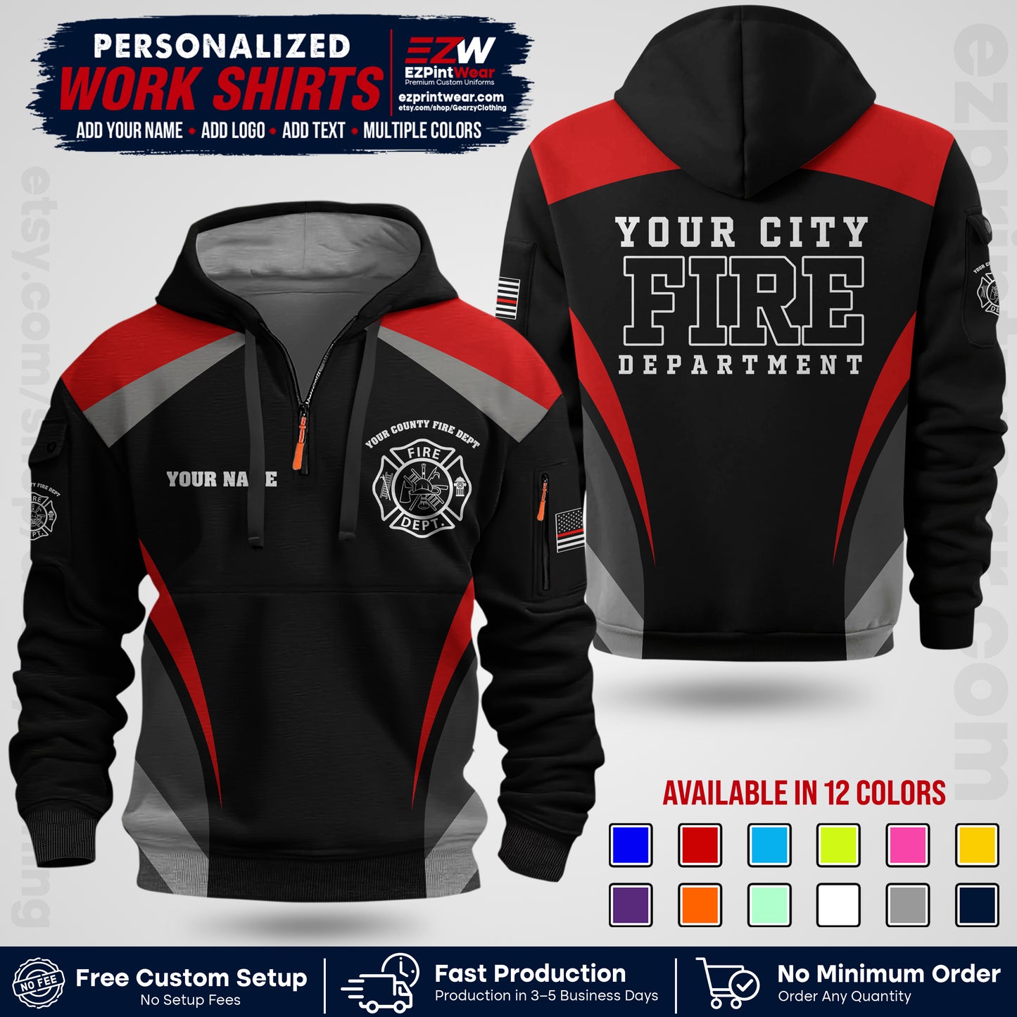 Custom Fire Department Shirt with Name, City Logo & Text | Firefighter Uniform | Button Up Work Shirt FF02