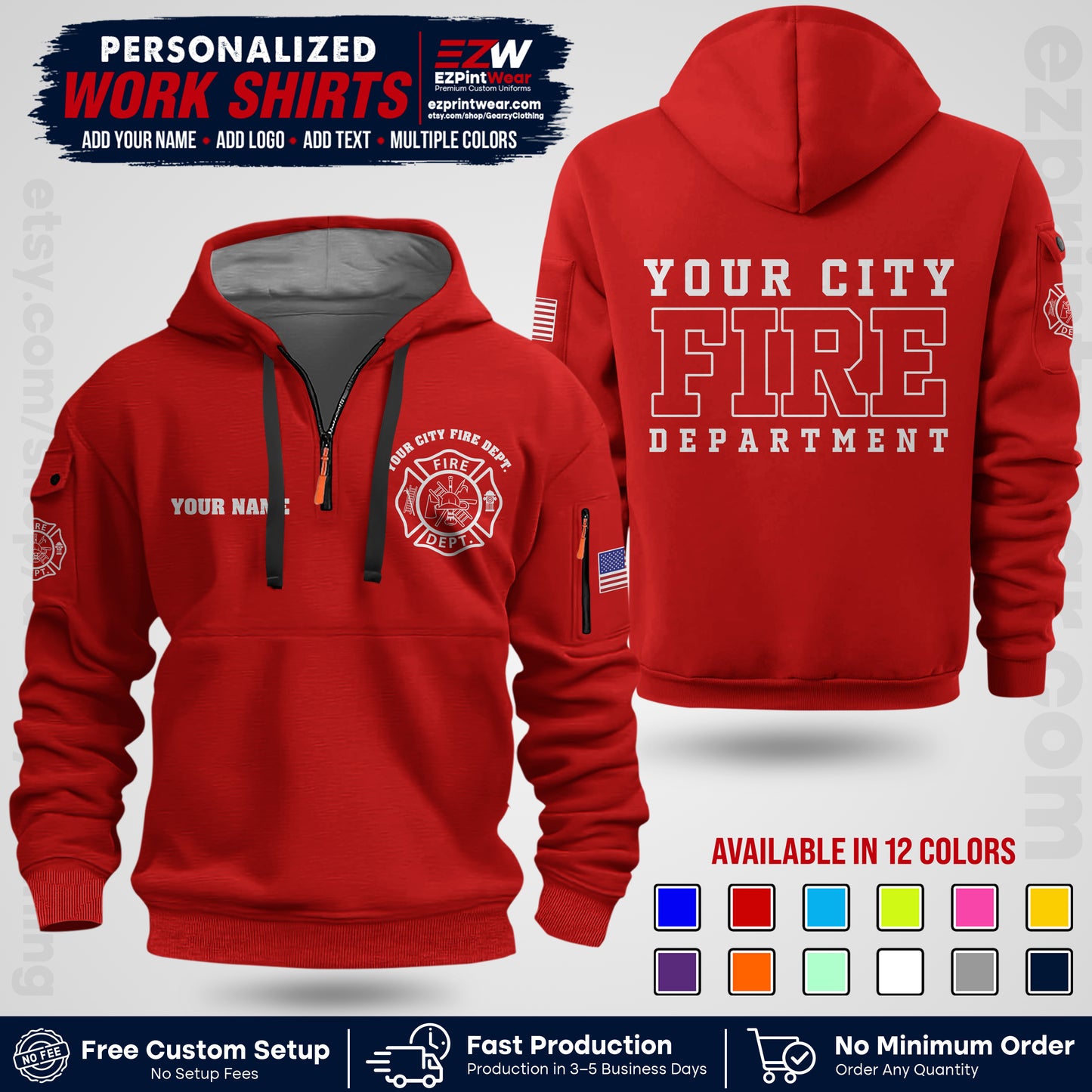 Custom Fire Department Shirt with Name, City Logo & Text | Firefighter Uniform | Button Up Work Shirt FF01