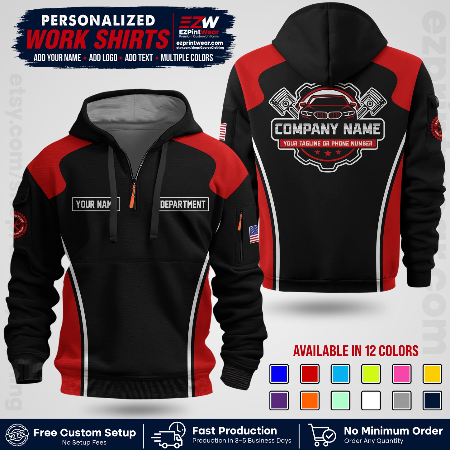 Custom Mechanic Work Shirt with Name, Logo & Text | Auto Shop Uniform | Workwear MCN 10