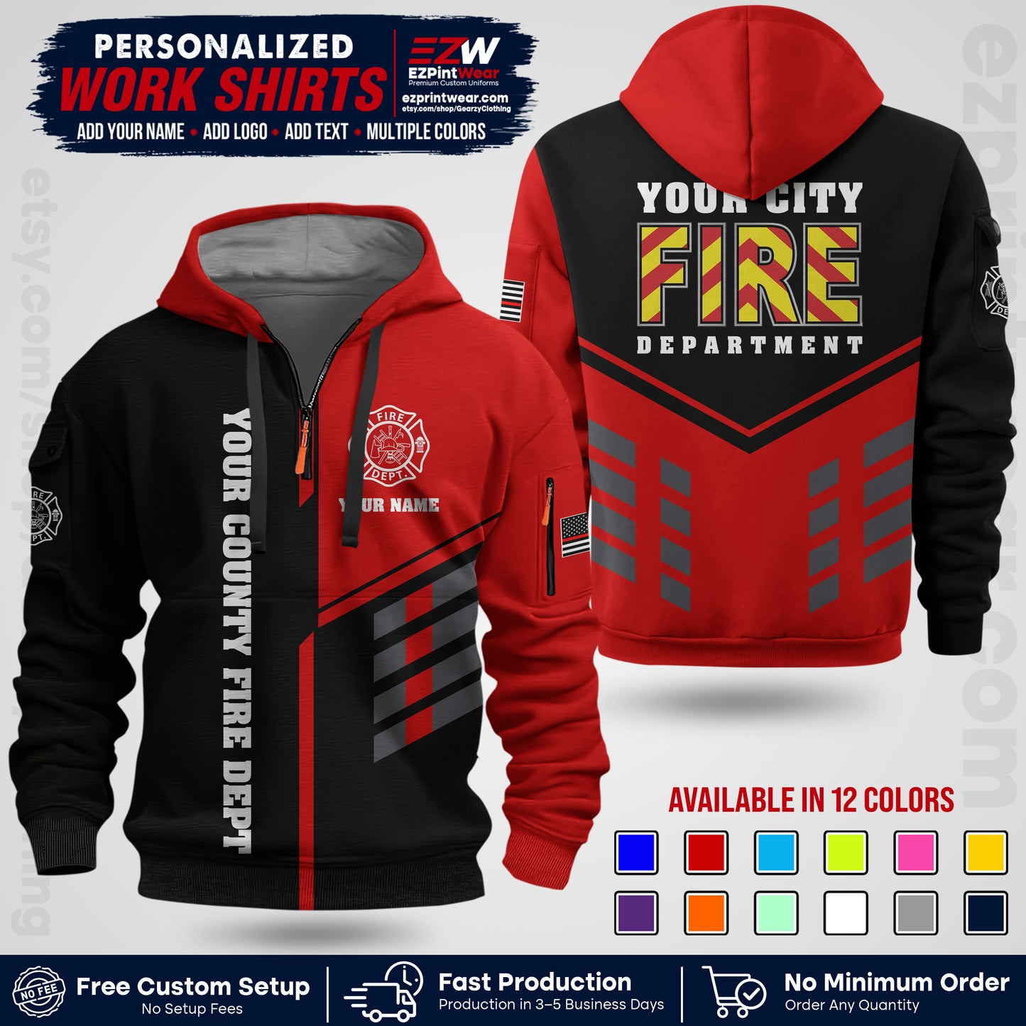 Custom Fire Department Shirt with Name, City Logo & Text | Firefighter Uniform | Button Up Work Shirt FF06