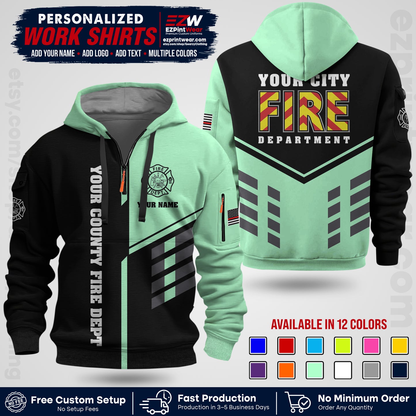 Custom Fire Department Shirt with Name, City Logo & Text | Firefighter Uniform | Button Up Work Shirt FF06