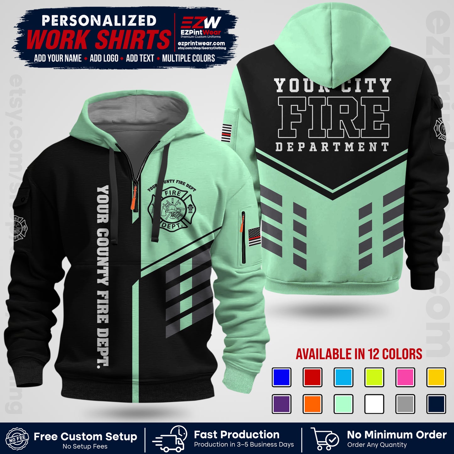 Custom Fire Department Shirt with Name, City Logo & Text | Firefighter Uniform | Button Up Work Shirt FF03