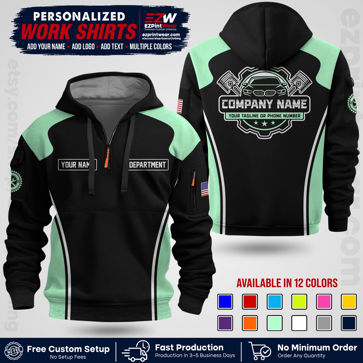 Custom Mechanic Work Shirt with Name, Logo & Text | Auto Shop Uniform | Workwear MCN 10