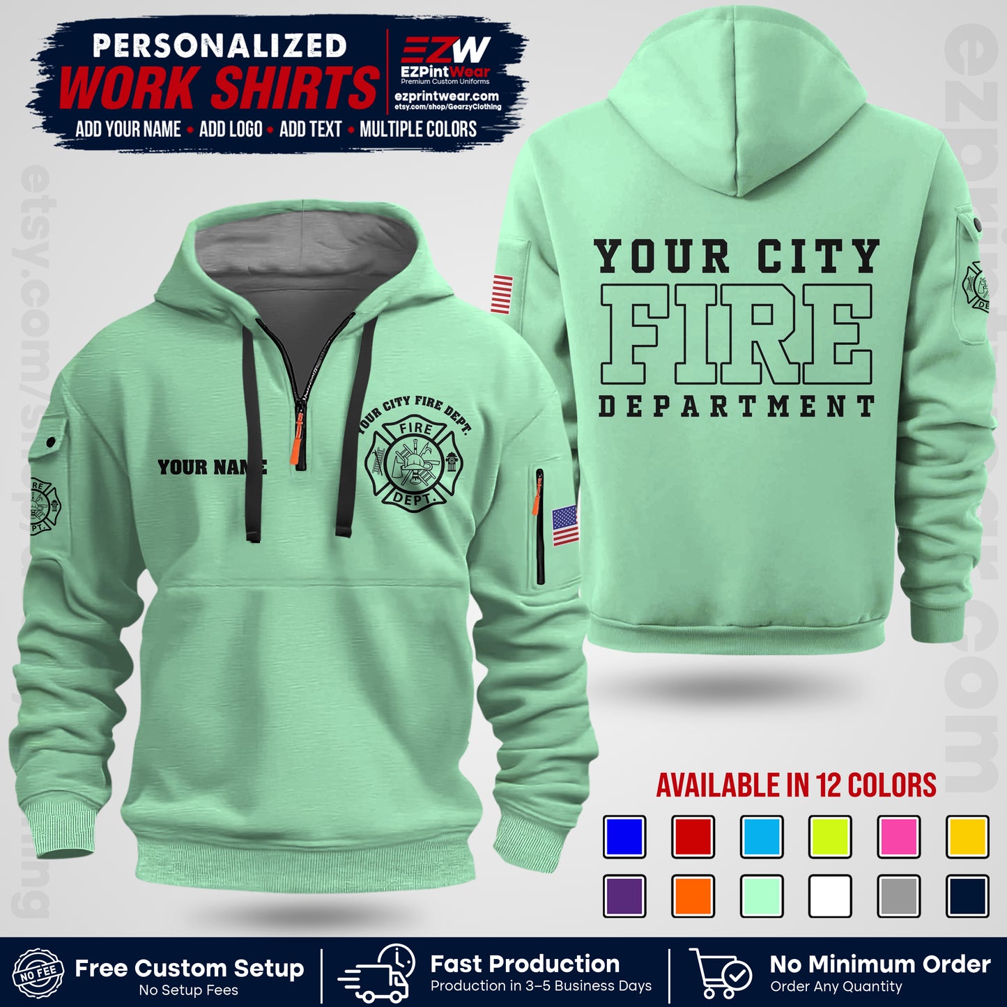 Custom Fire Department Shirt with Name, City Logo & Text | Firefighter Uniform | Button Up Work Shirt FF01