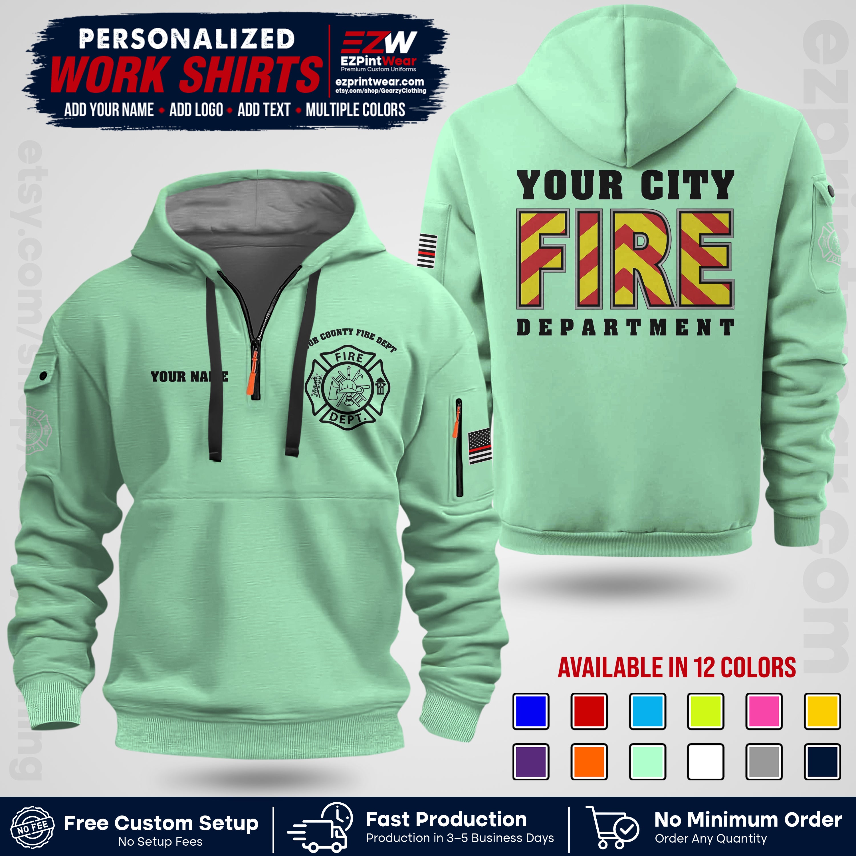 Custom Fire Department Shirt with Name, City Logo & Text | Firefighter Uniform | Button Up Work Shirt FF05