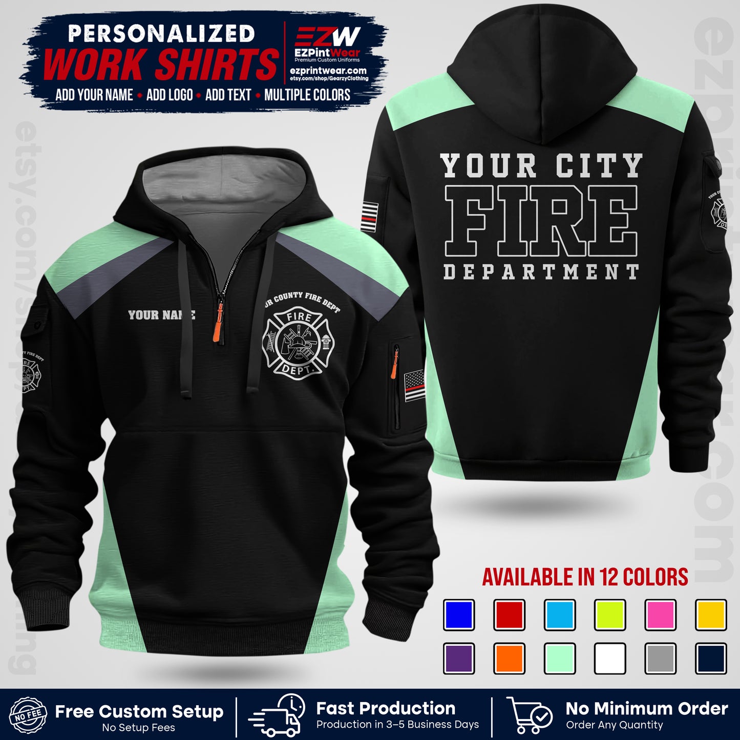 Custom Fire Department Shirt with Name, City Logo & Text | Firefighter Uniform | Button Up Work Shirt FF04