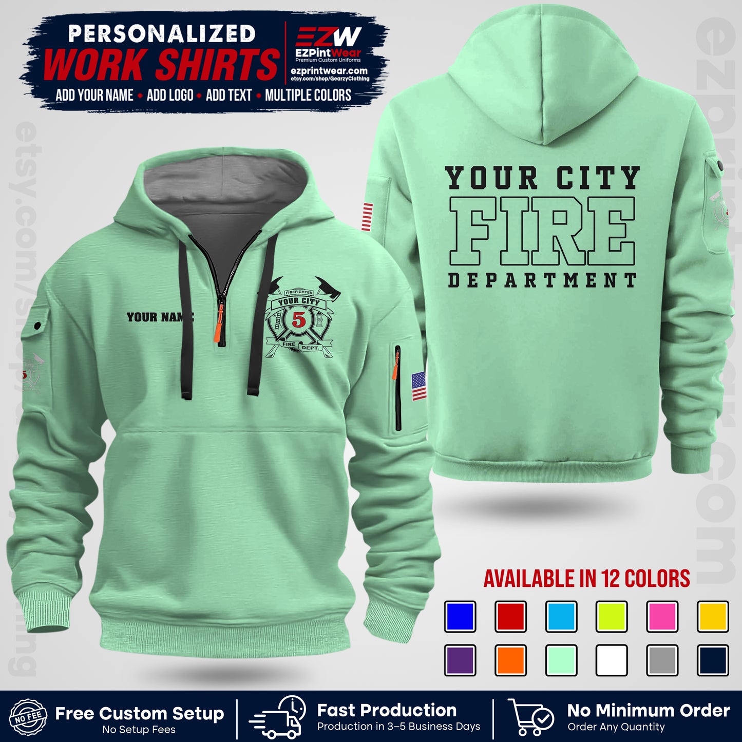 Custom Fire Department Shirt with Name, City Logo & Text | Firefighter Uniform | Button Up Work Shirt FF07