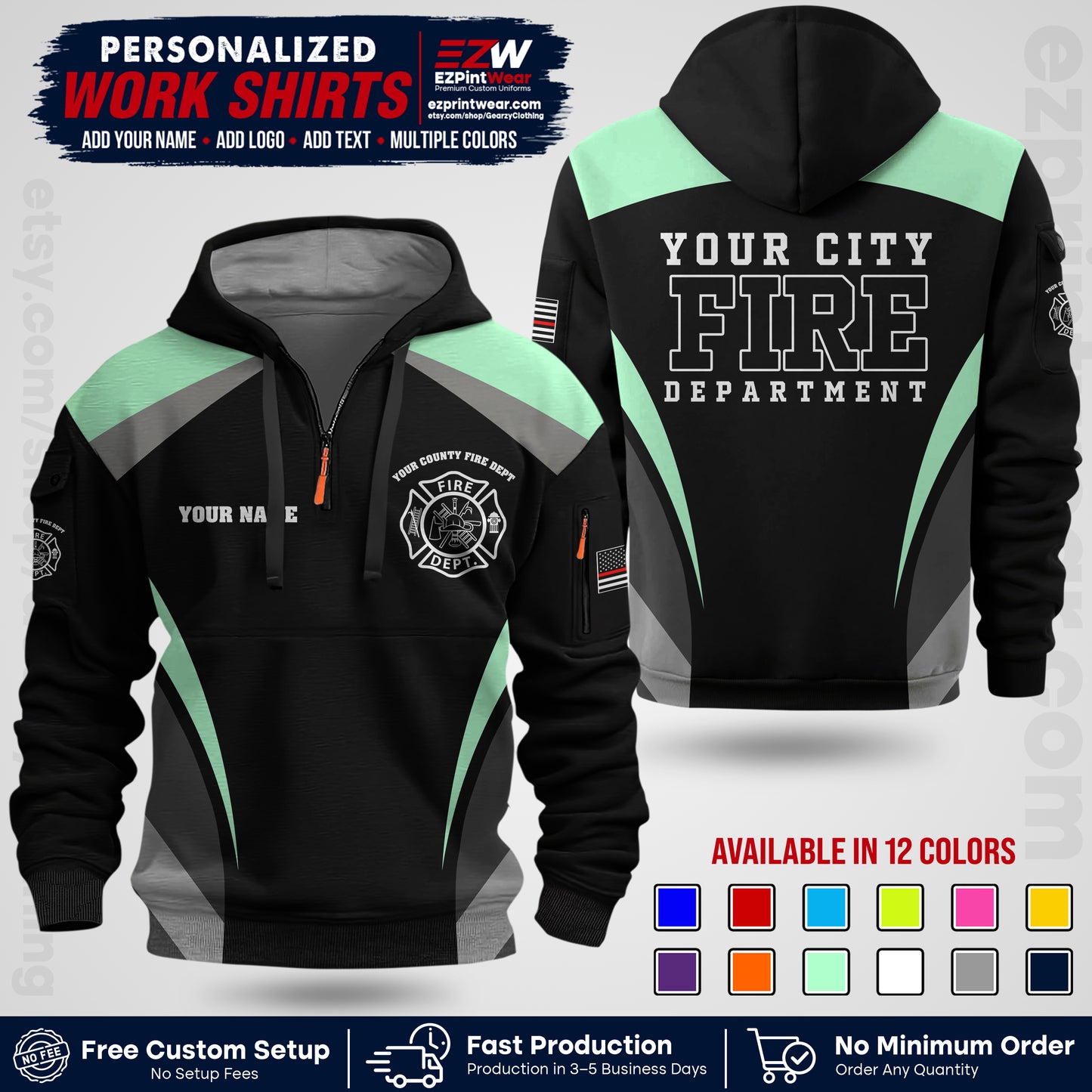 Custom Fire Department Shirt with Name, City Logo & Text | Firefighter Uniform | Button Up Work Shirt FF02