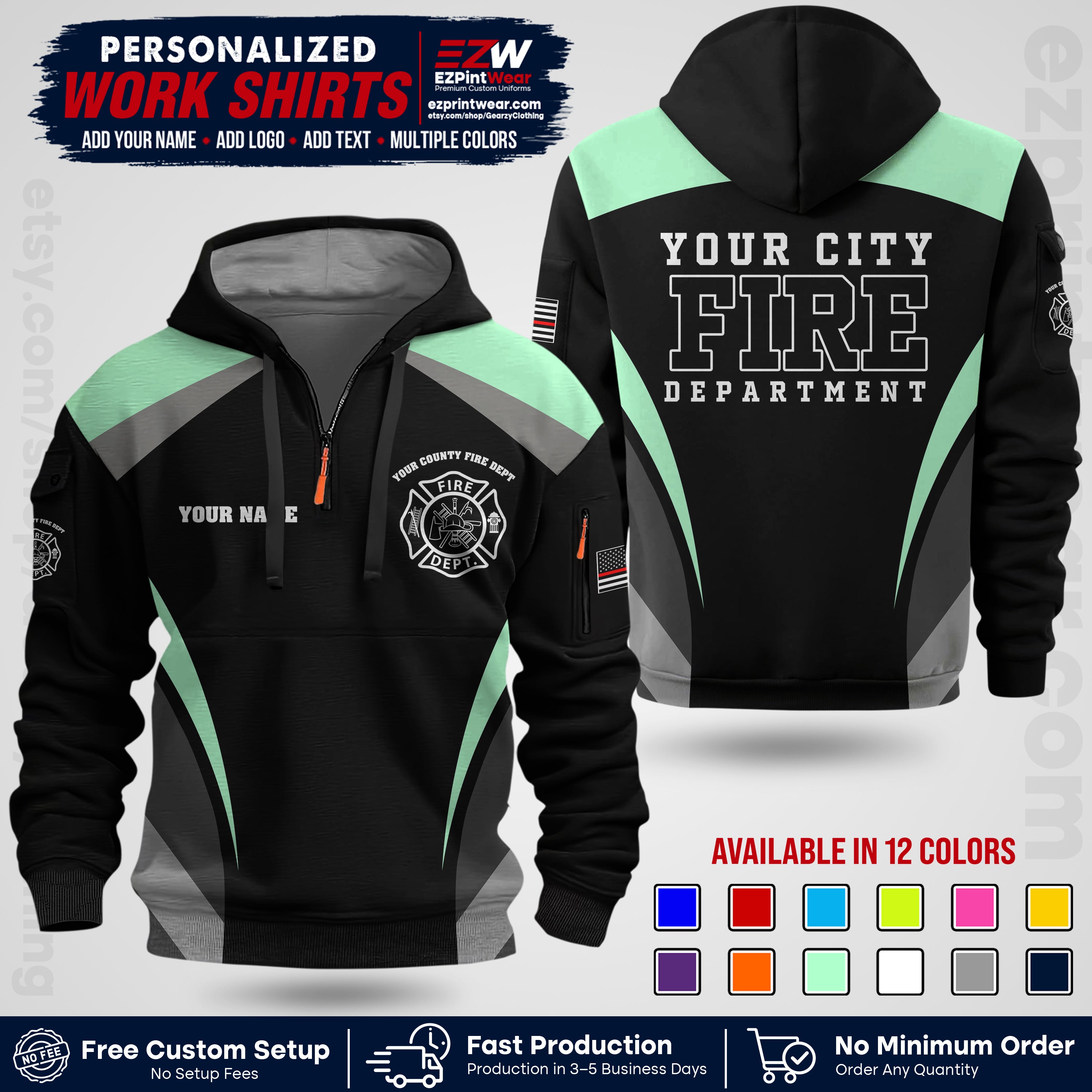 Custom Fire Department Shirt with Name, City Logo & Text | Firefighter Uniform | Button Up Work Shirt FF02