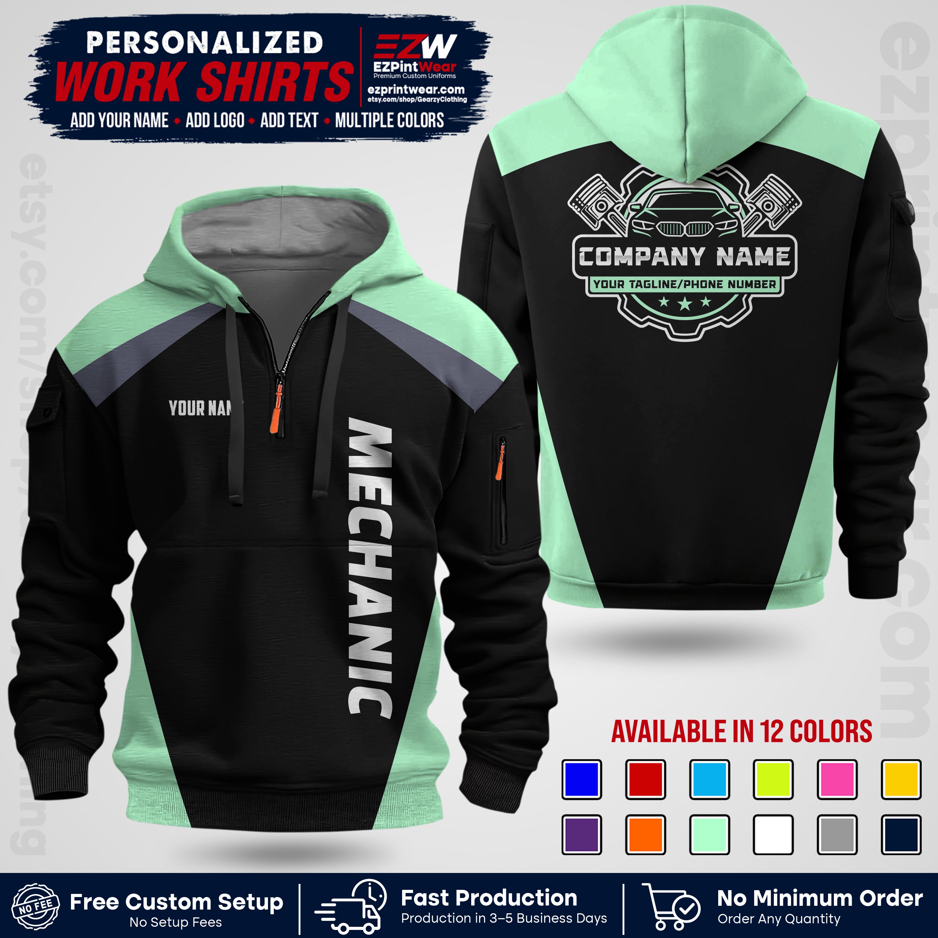 Custom Mechanic Work Shirt with Name, Logo & Text | Auto Shop Uniform | Workwear MCN 02