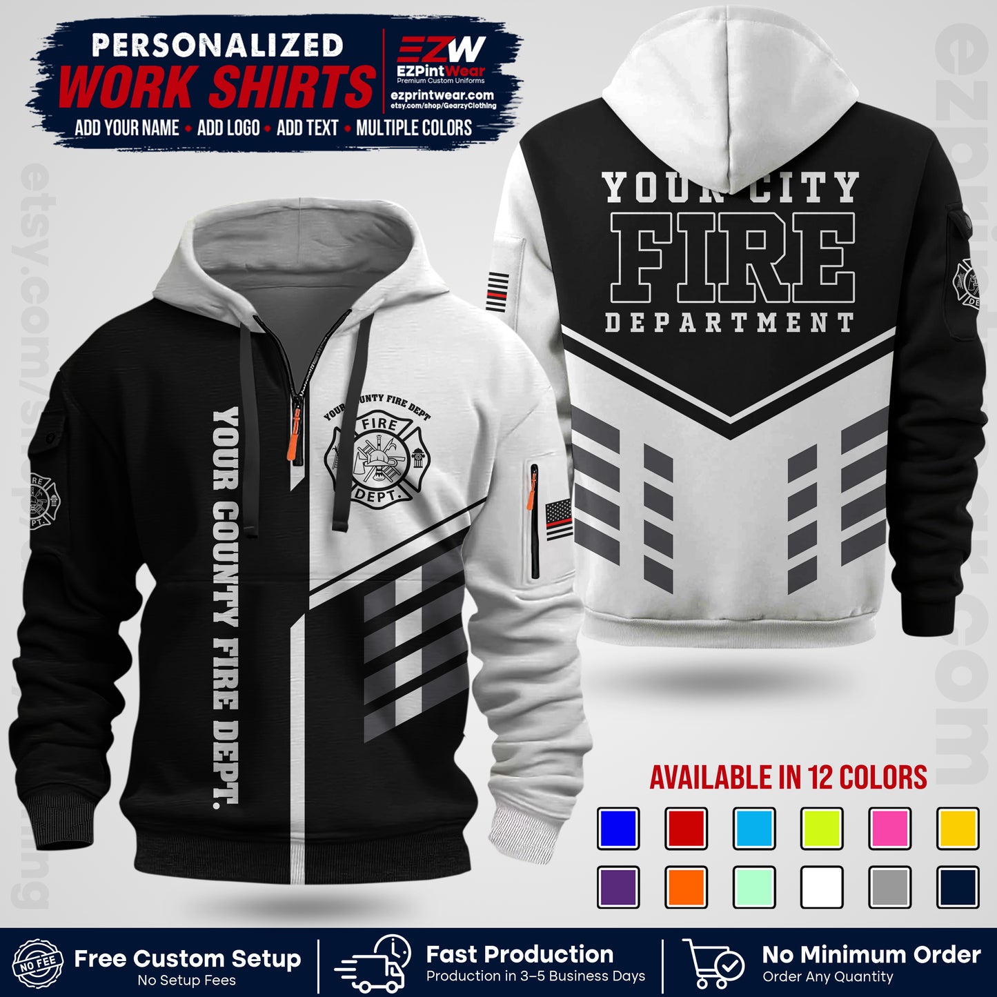 Custom Fire Department Shirt with Name, City Logo & Text | Firefighter Uniform | Button Up Work Shirt FF03