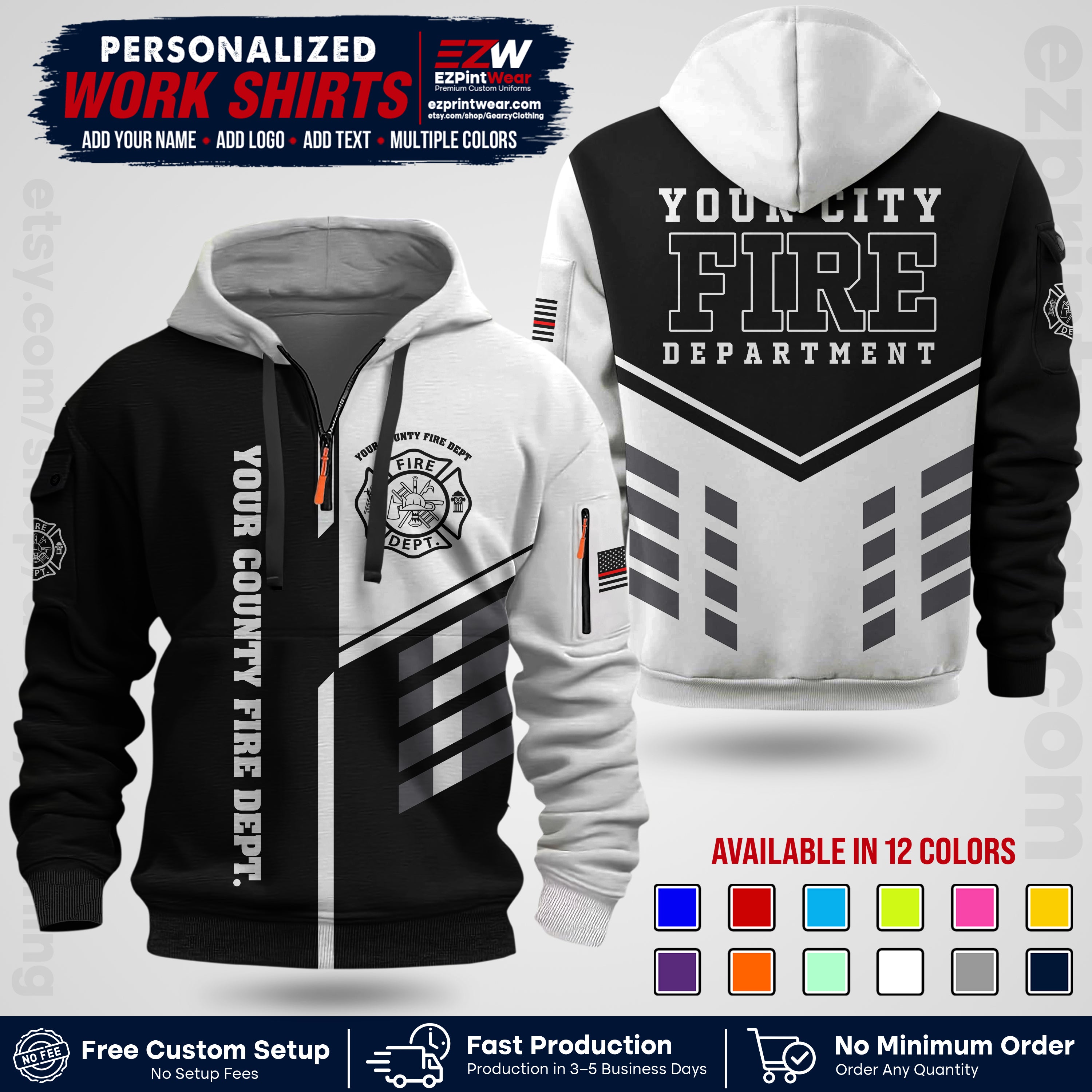 Custom Fire Department Shirt with Name, City Logo & Text | Firefighter Uniform | Button Up Work Shirt FF03