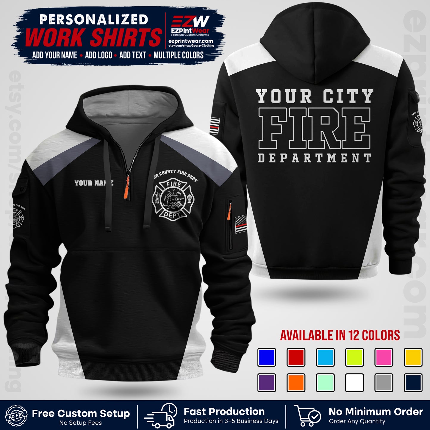 Custom Fire Department Shirt with Name, City Logo & Text | Firefighter Uniform | Button Up Work Shirt FF04