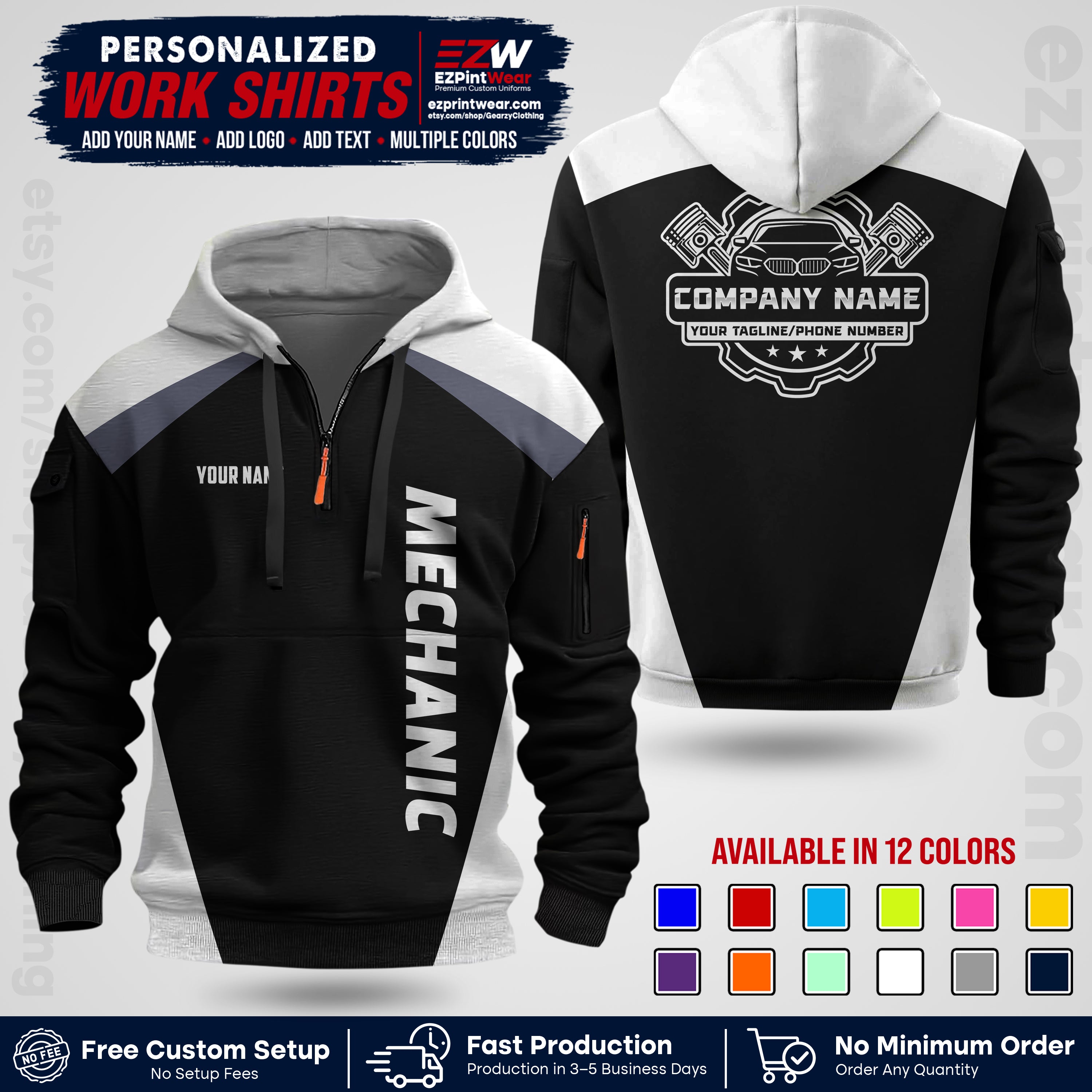 Custom Mechanic Work Shirt with Name, Logo & Text | Auto Shop Uniform | Workwear MCN 02