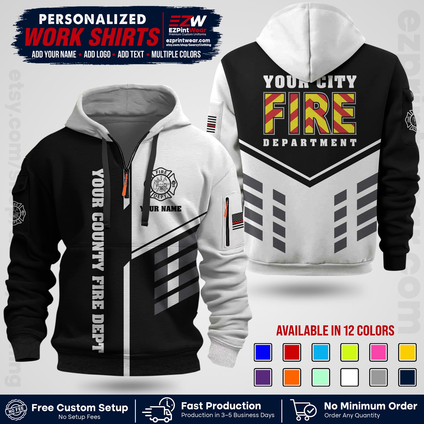 Custom Fire Department Shirt with Name, City Logo & Text | Firefighter Uniform | Button Up Work Shirt FF06