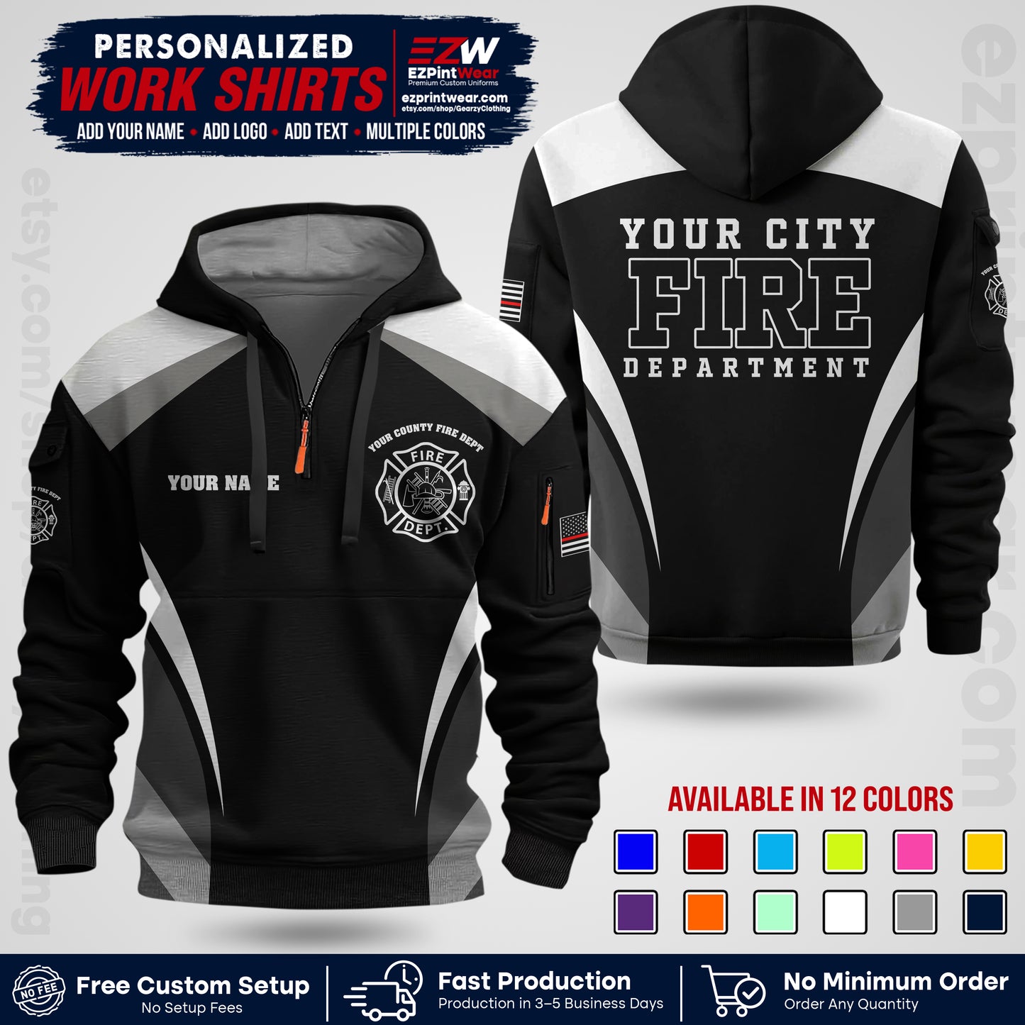 Custom Fire Department Shirt with Name, City Logo & Text | Firefighter Uniform | Button Up Work Shirt FF02