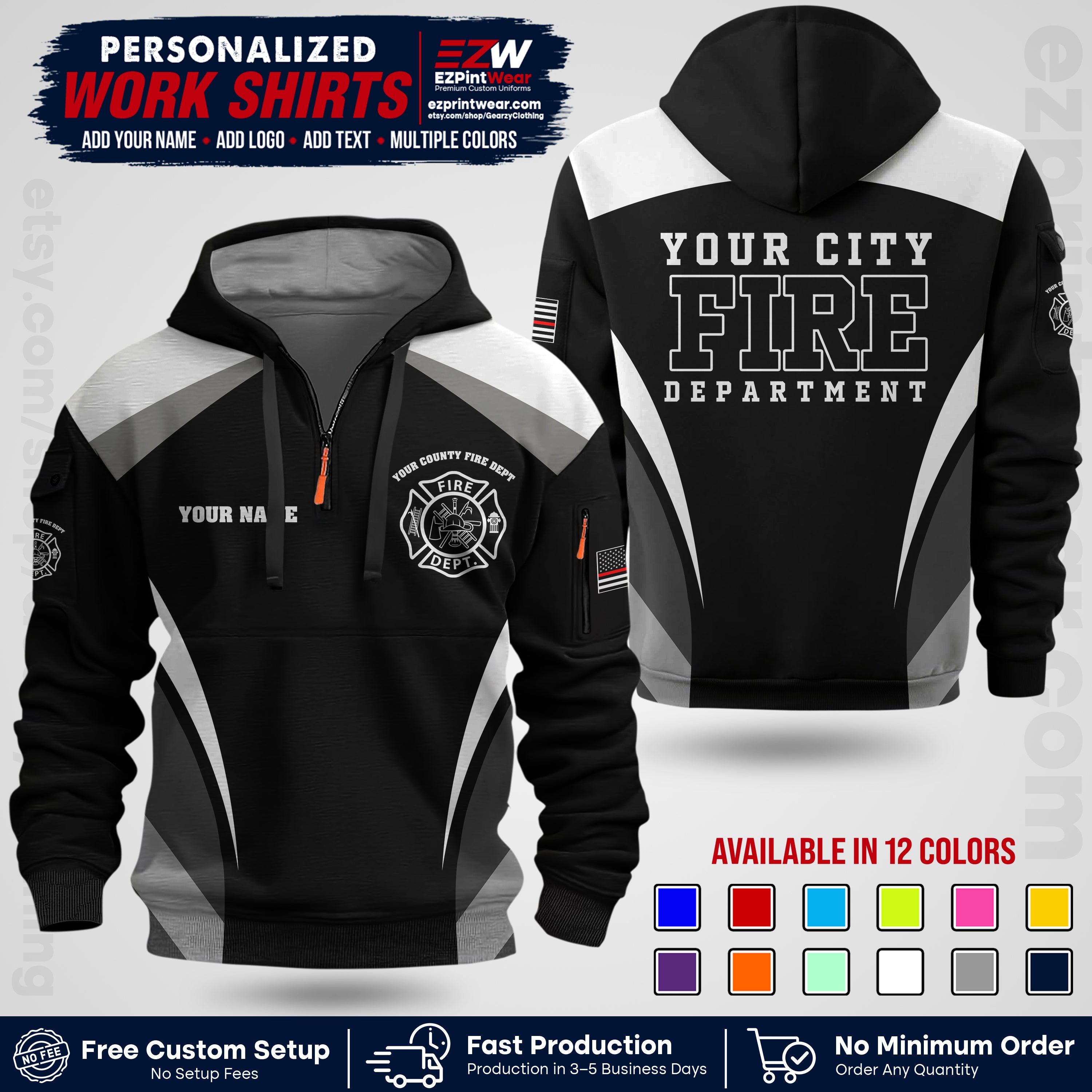 Custom Fire Department Shirt with Name, City Logo & Text | Firefighter Uniform | Button Up Work Shirt FF02