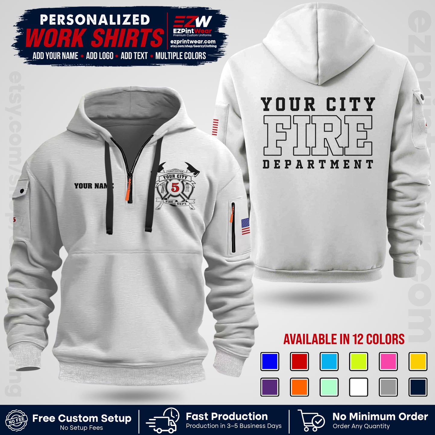 Custom Fire Department Shirt with Name, City Logo & Text | Firefighter Uniform | Button Up Work Shirt FF07