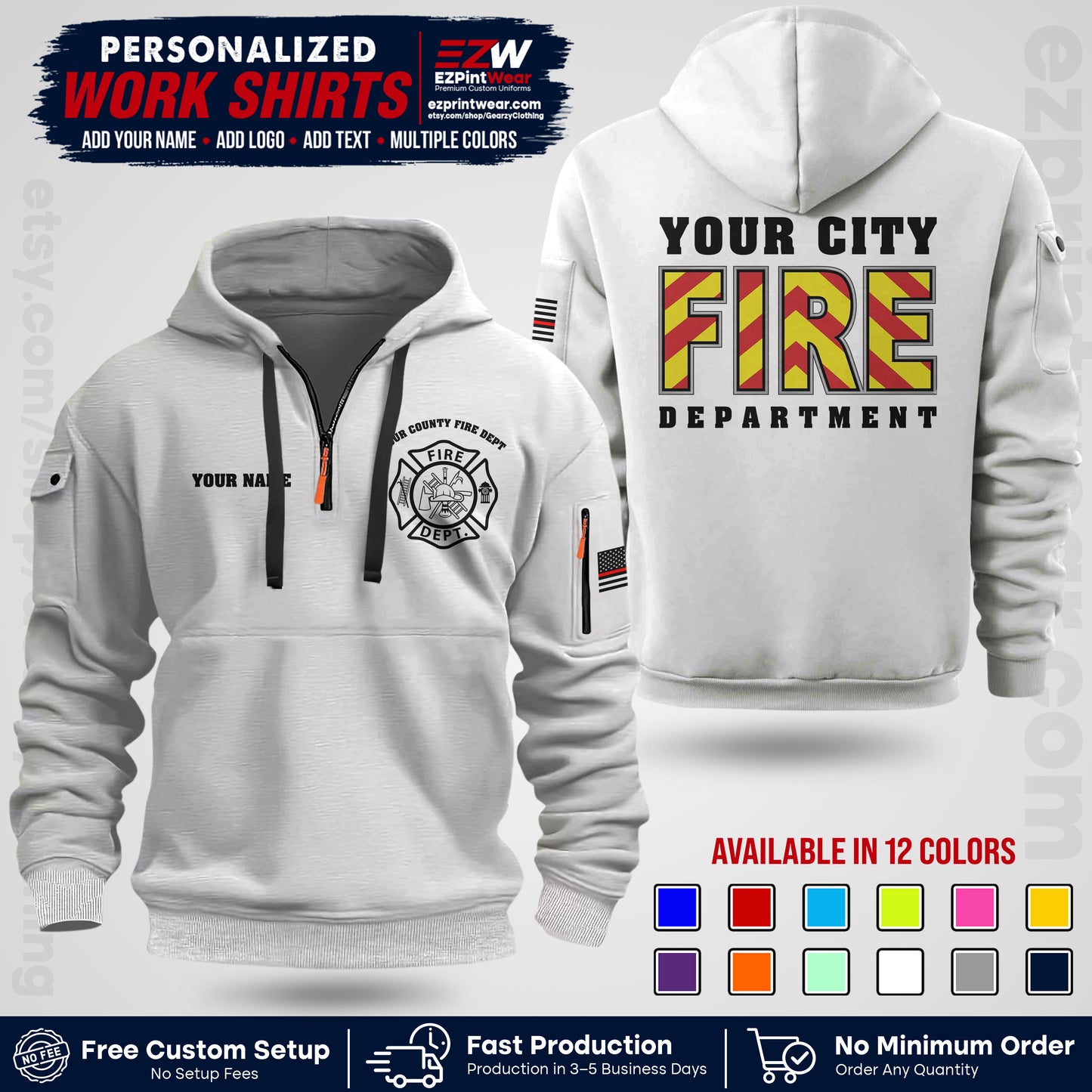 Custom Fire Department Shirt with Name, City Logo & Text | Firefighter Uniform | Button Up Work Shirt FF05