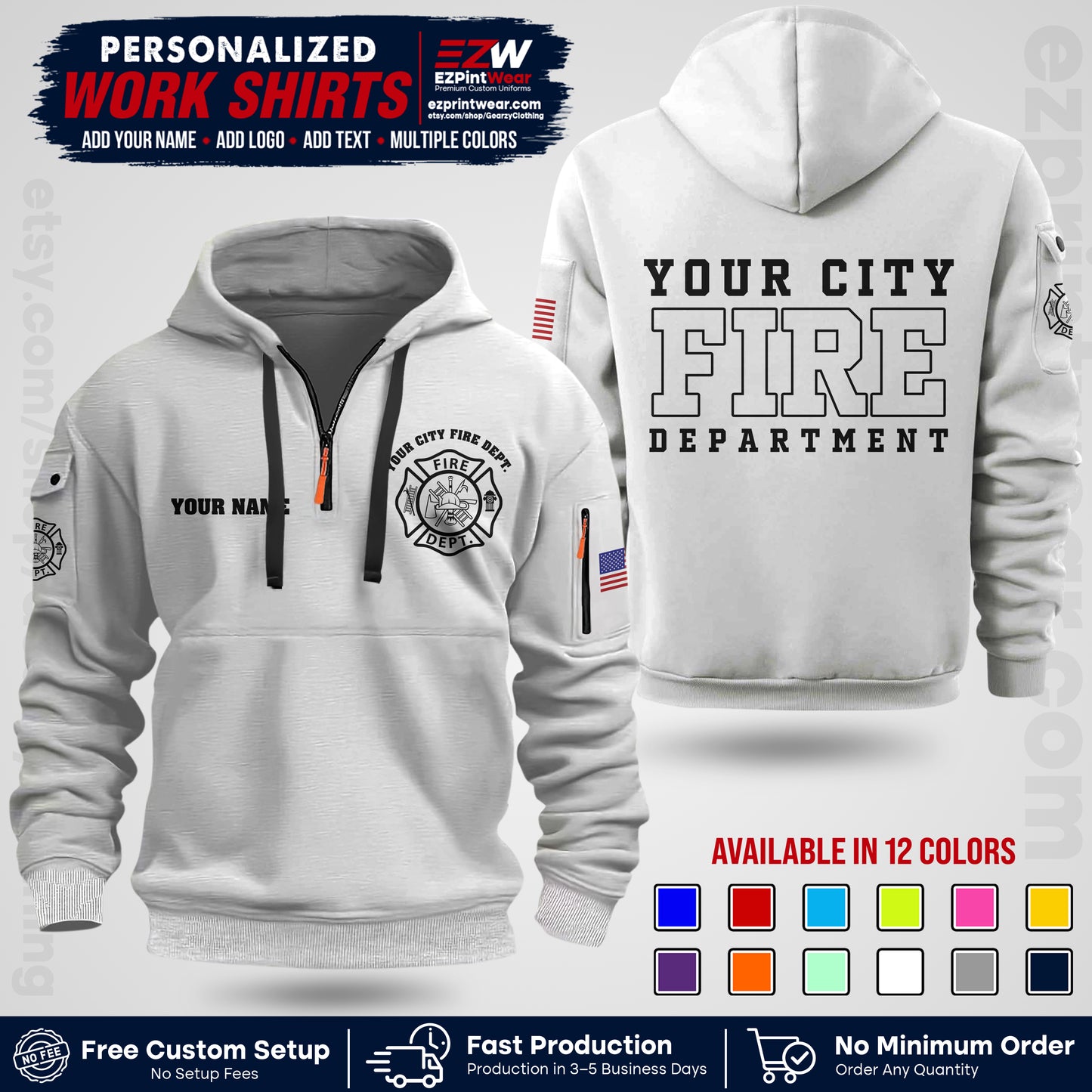 Custom Fire Department Shirt with Name, City Logo & Text | Firefighter Uniform | Button Up Work Shirt FF01