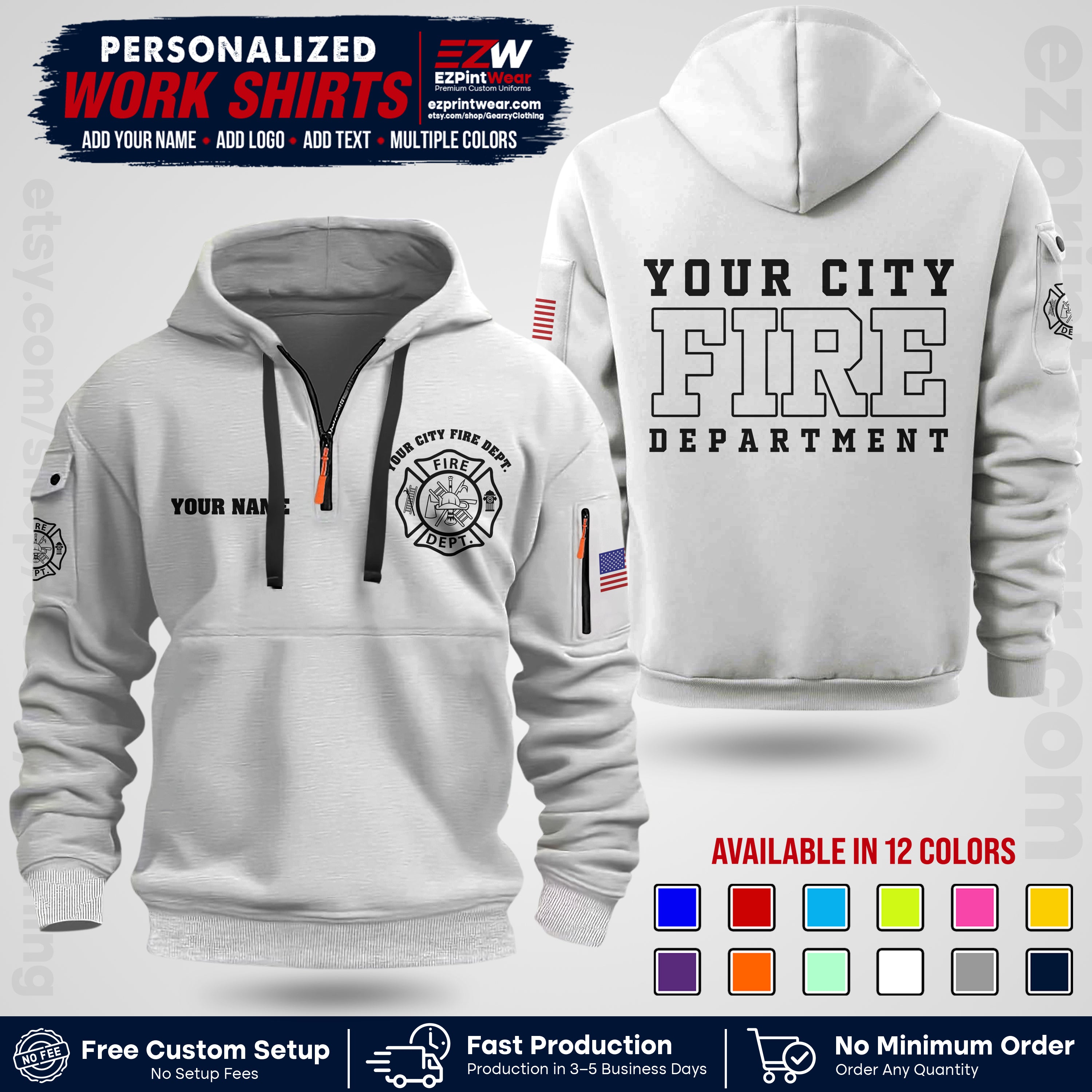 Custom Fire Department Shirt with Name, City Logo & Text | Firefighter Uniform | Button Up Work Shirt FF01