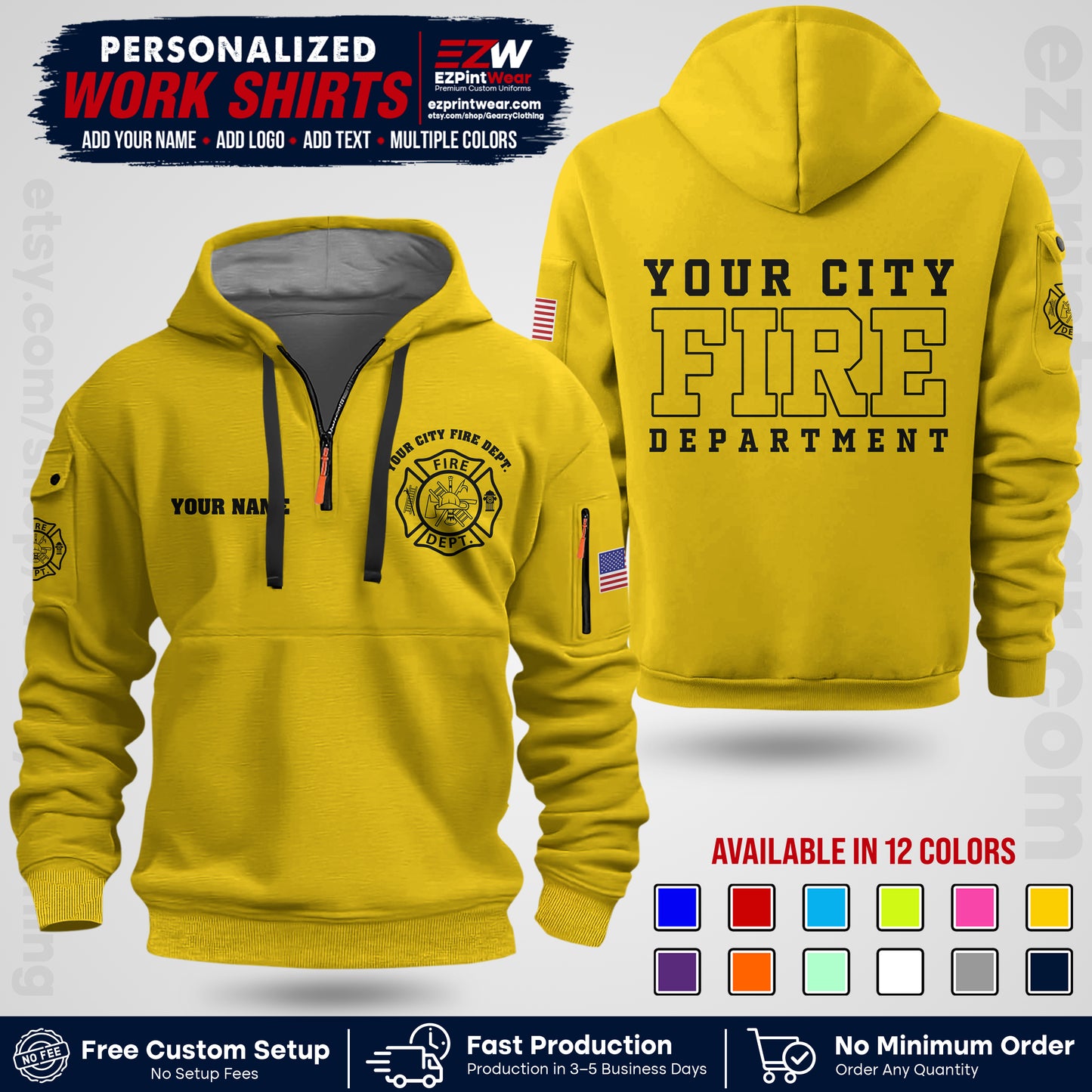 Custom Fire Department Shirt with Name, City Logo & Text | Firefighter Uniform | Button Up Work Shirt FF01