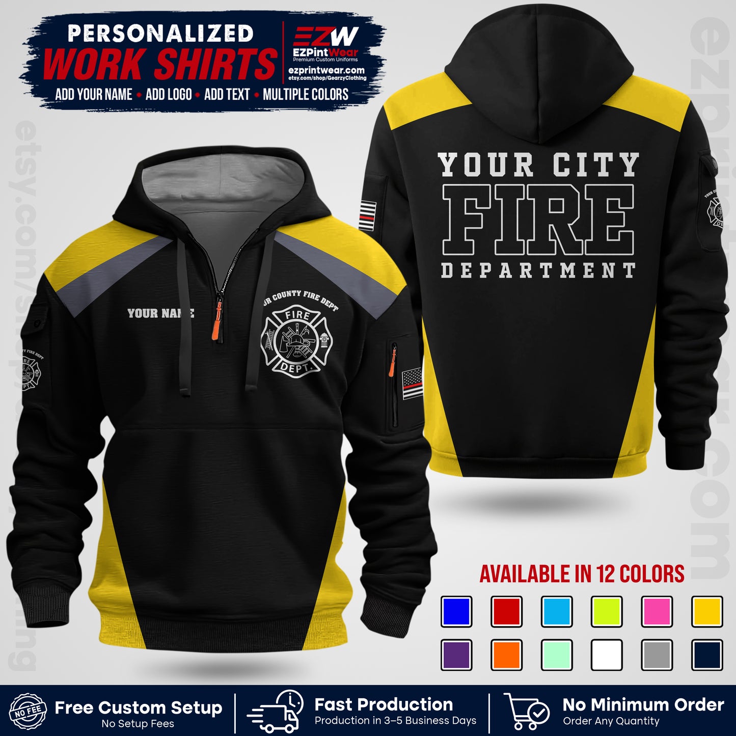 Custom Fire Department Shirt with Name, City Logo & Text | Firefighter Uniform | Button Up Work Shirt FF04