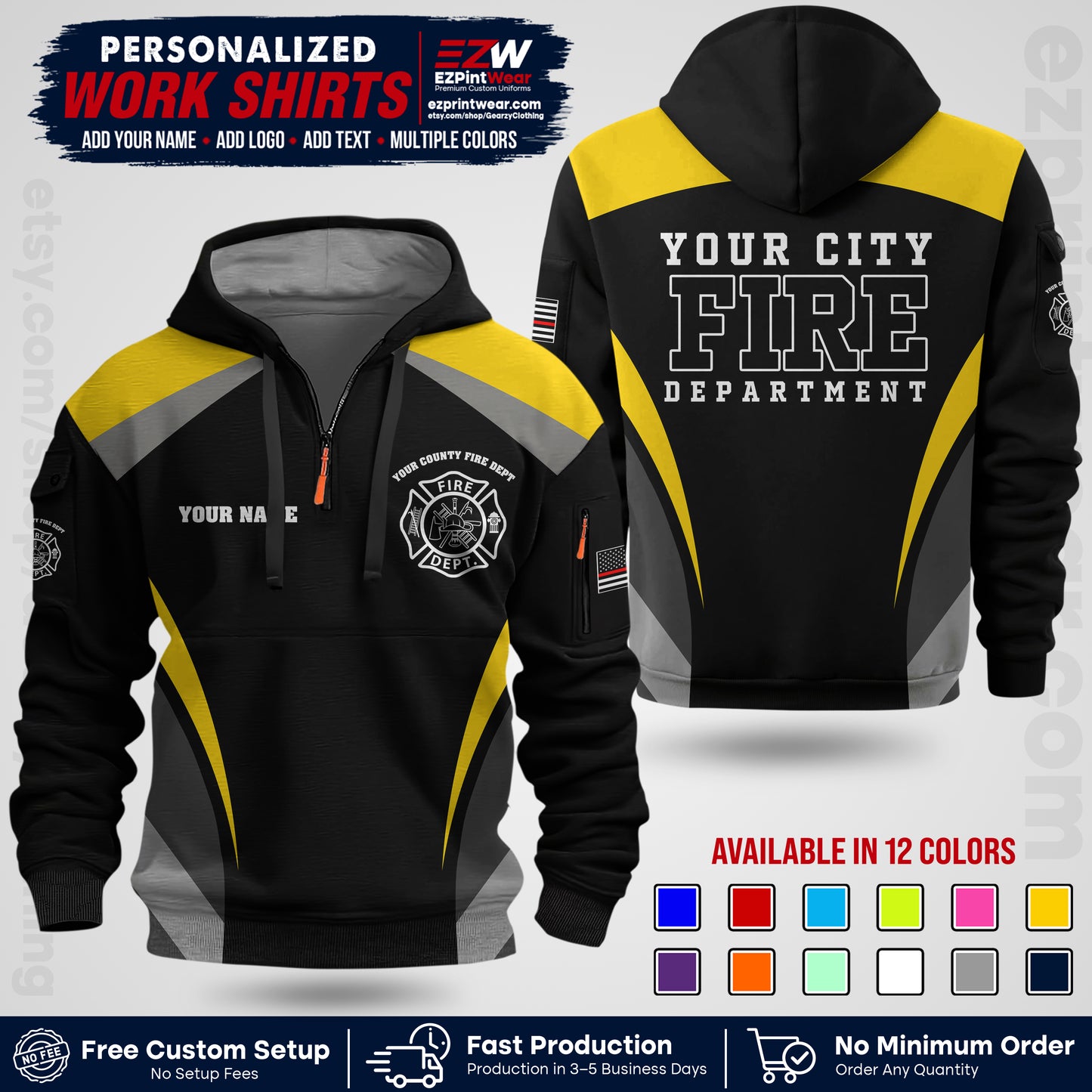 Custom Fire Department Shirt with Name, City Logo & Text | Firefighter Uniform | Button Up Work Shirt FF02
