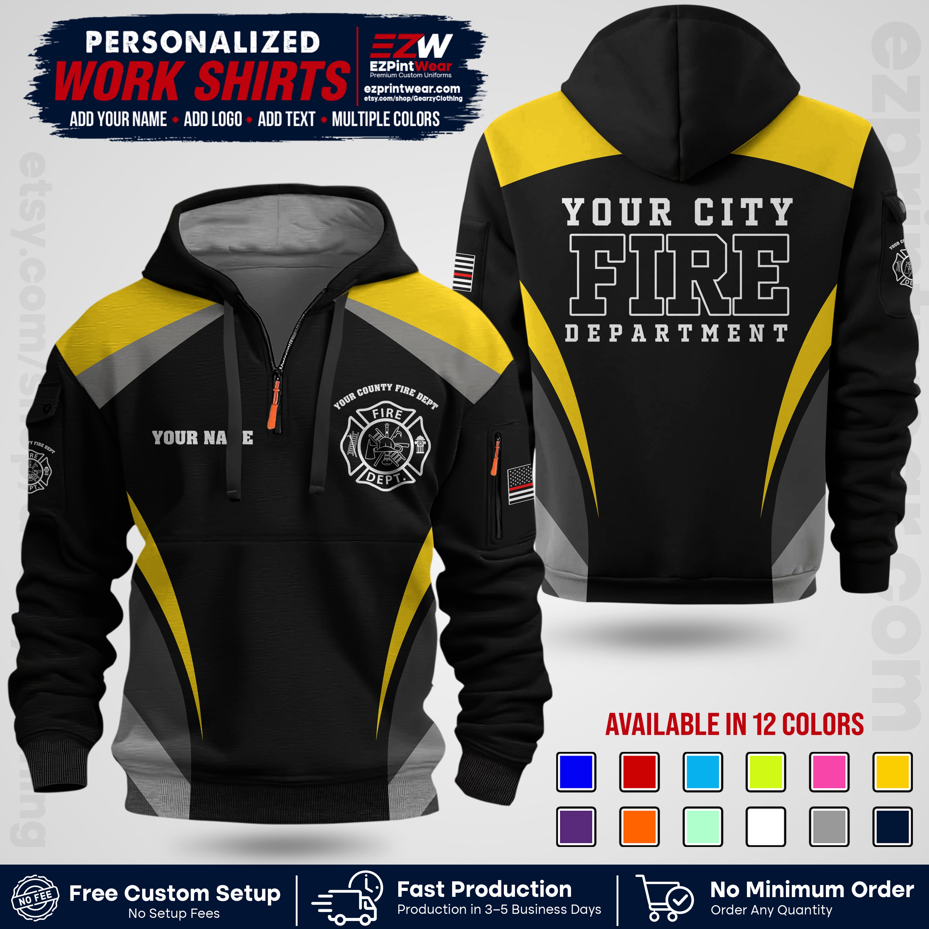 Custom Fire Department Shirt with Name, City Logo & Text | Firefighter Uniform | Button Up Work Shirt FF02